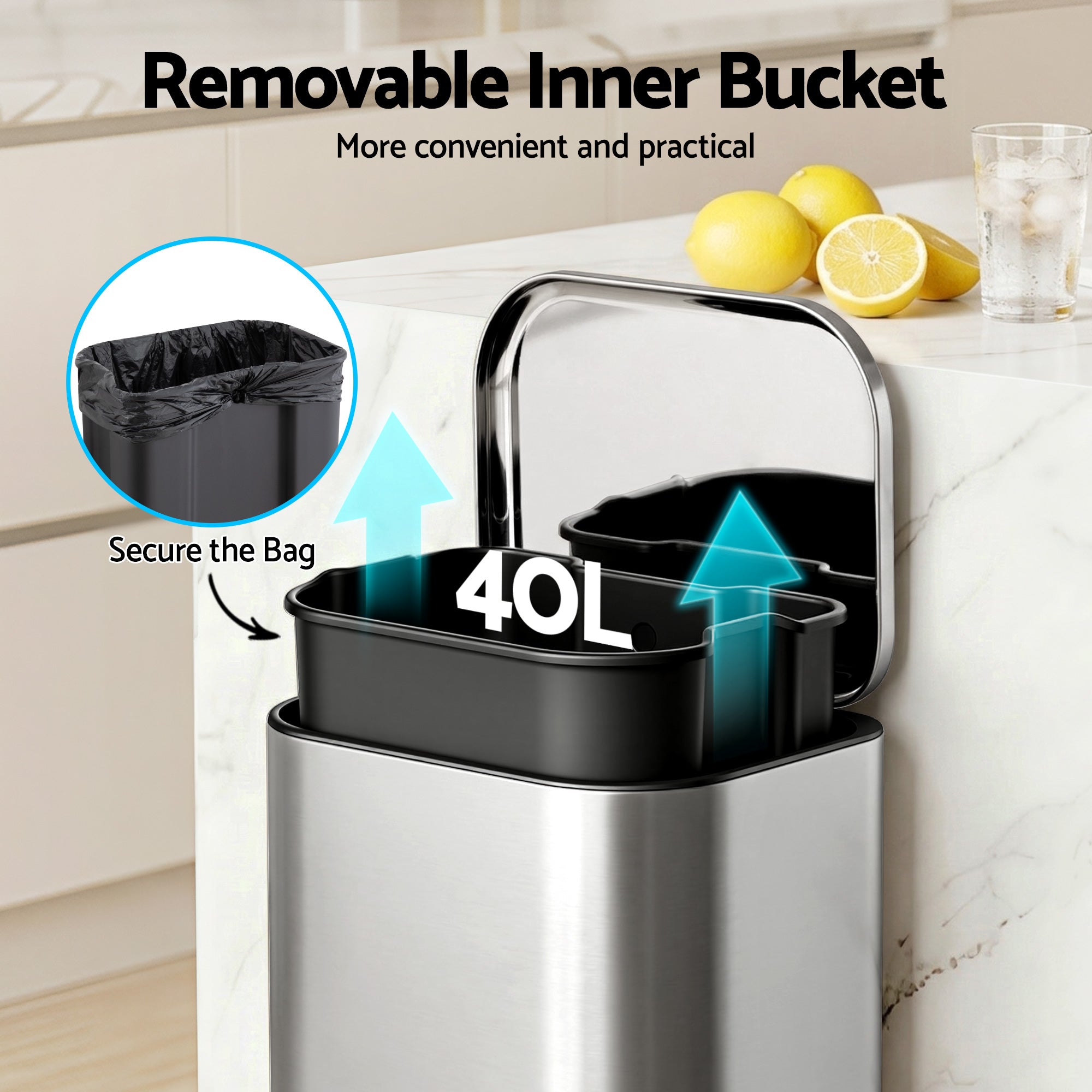 40L Kitchen Pedal Trash Can with Soft Close Lid, Removable Inner Bucket - Silver
