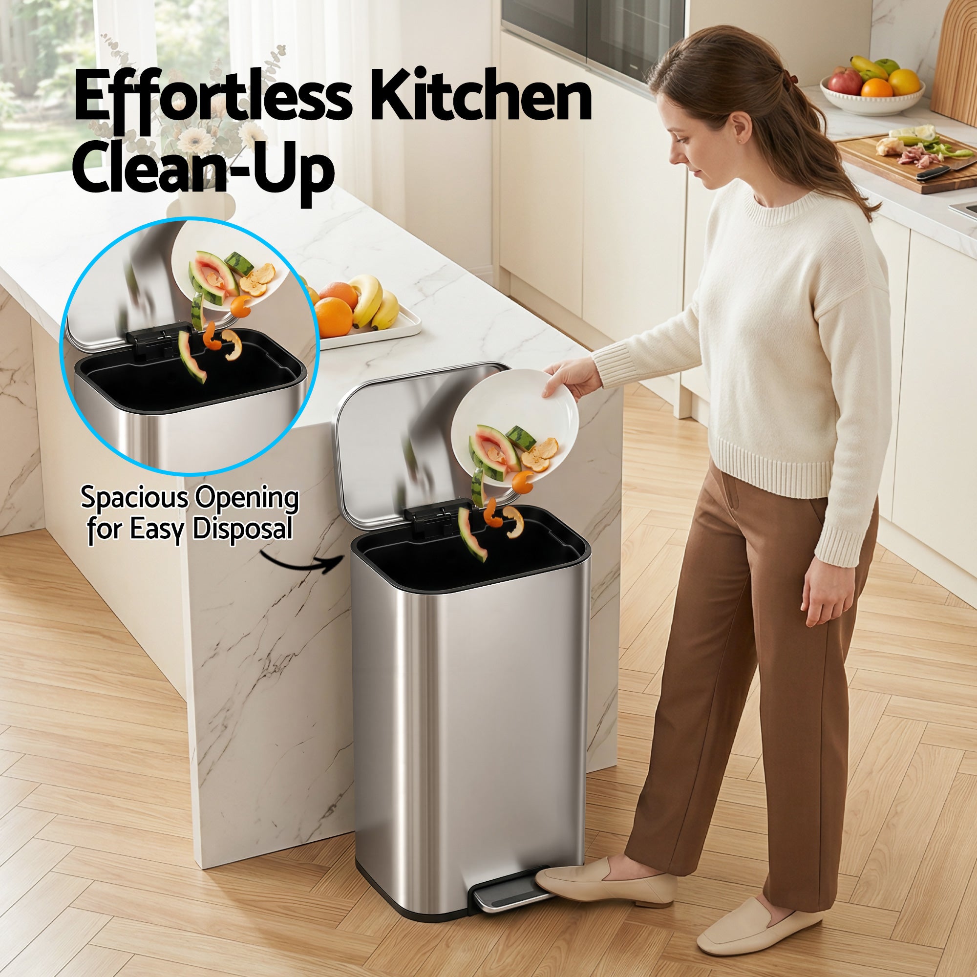 40L Kitchen Pedal Trash Can with Soft Close Lid, Removable Inner Bucket - Silver