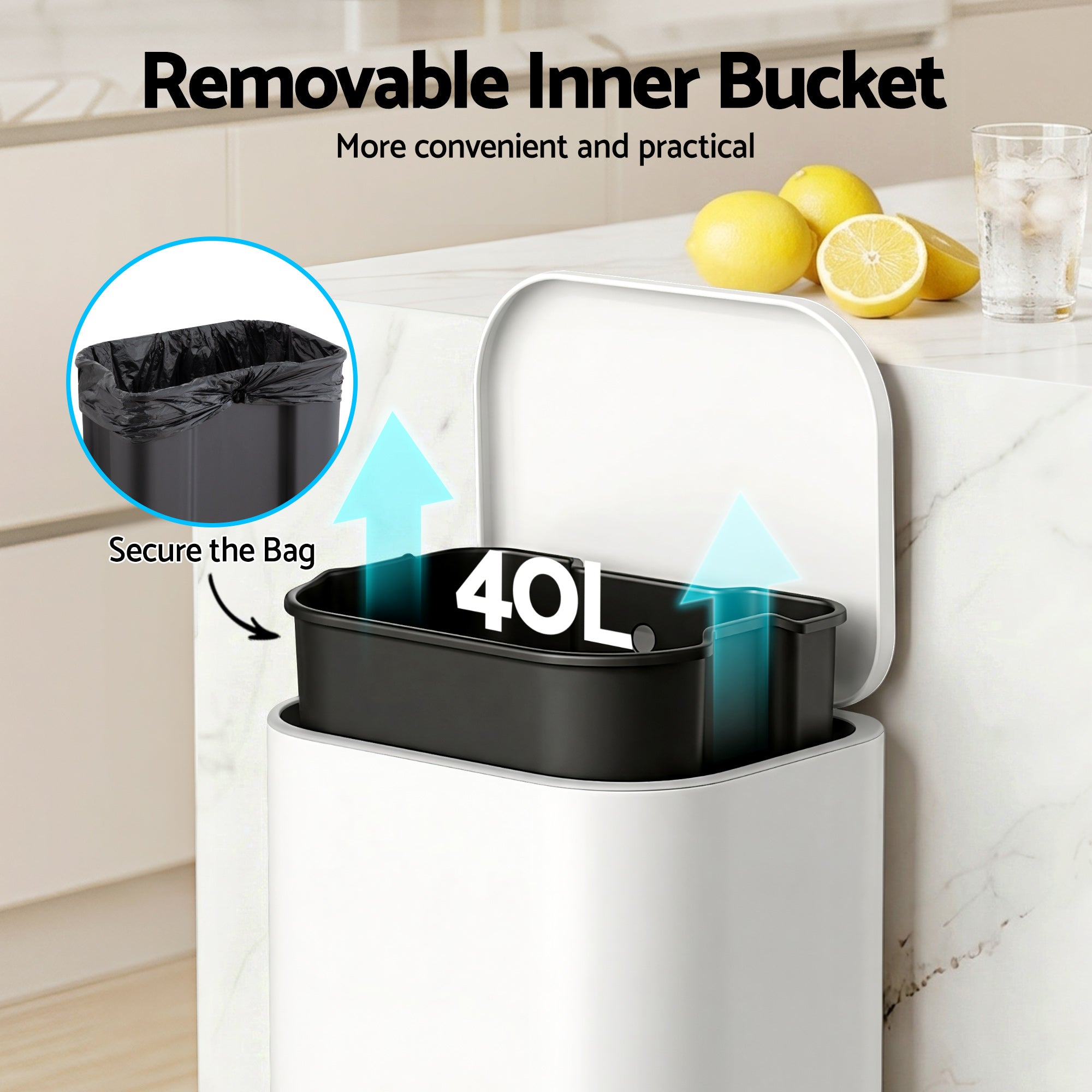 Kitchen Trash Can 40L Pedal Bin with Soft Close Lid and Removable Inner Bucket - White