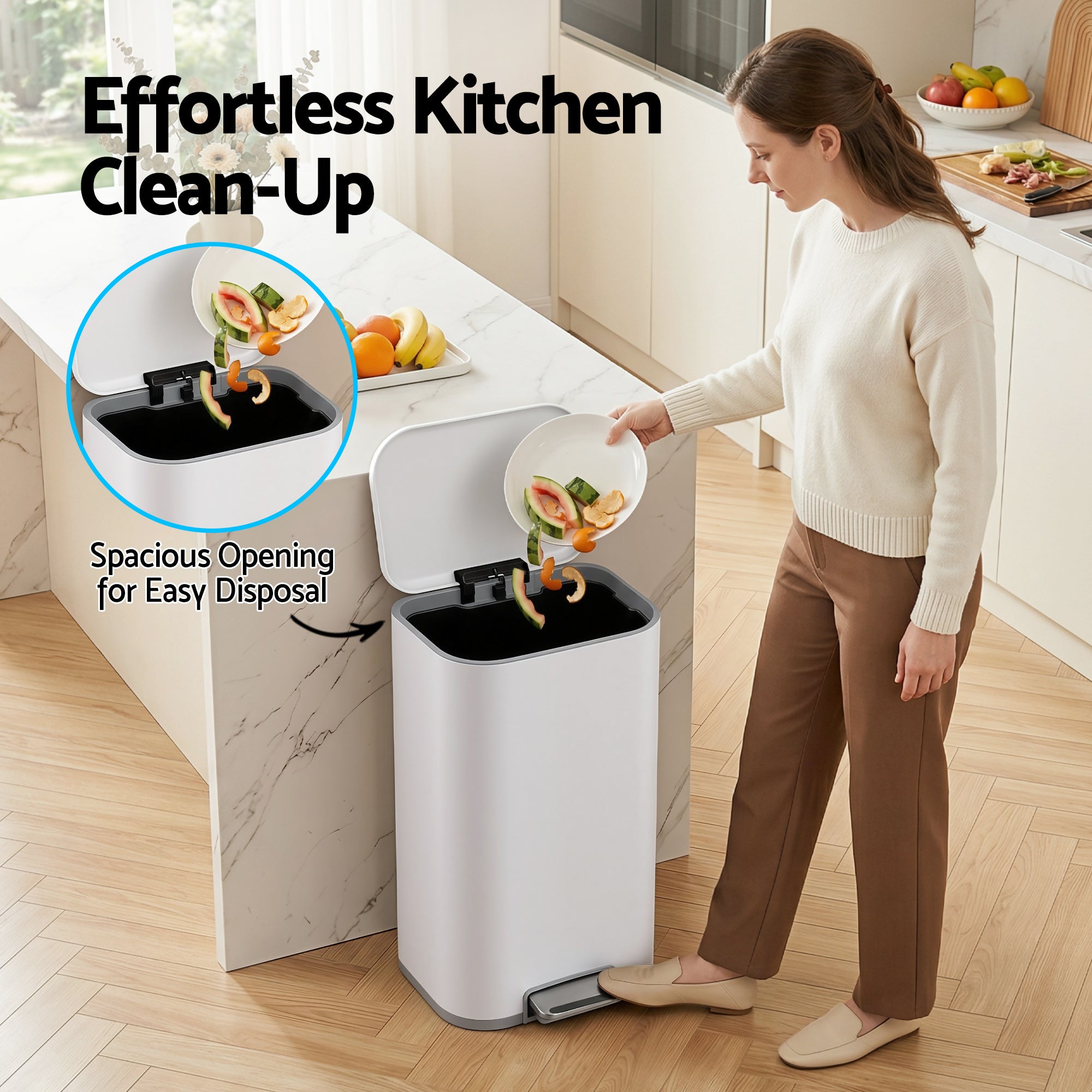 Kitchen Trash Can 40L Pedal Bin with Soft Close Lid and Removable Inner Bucket - White