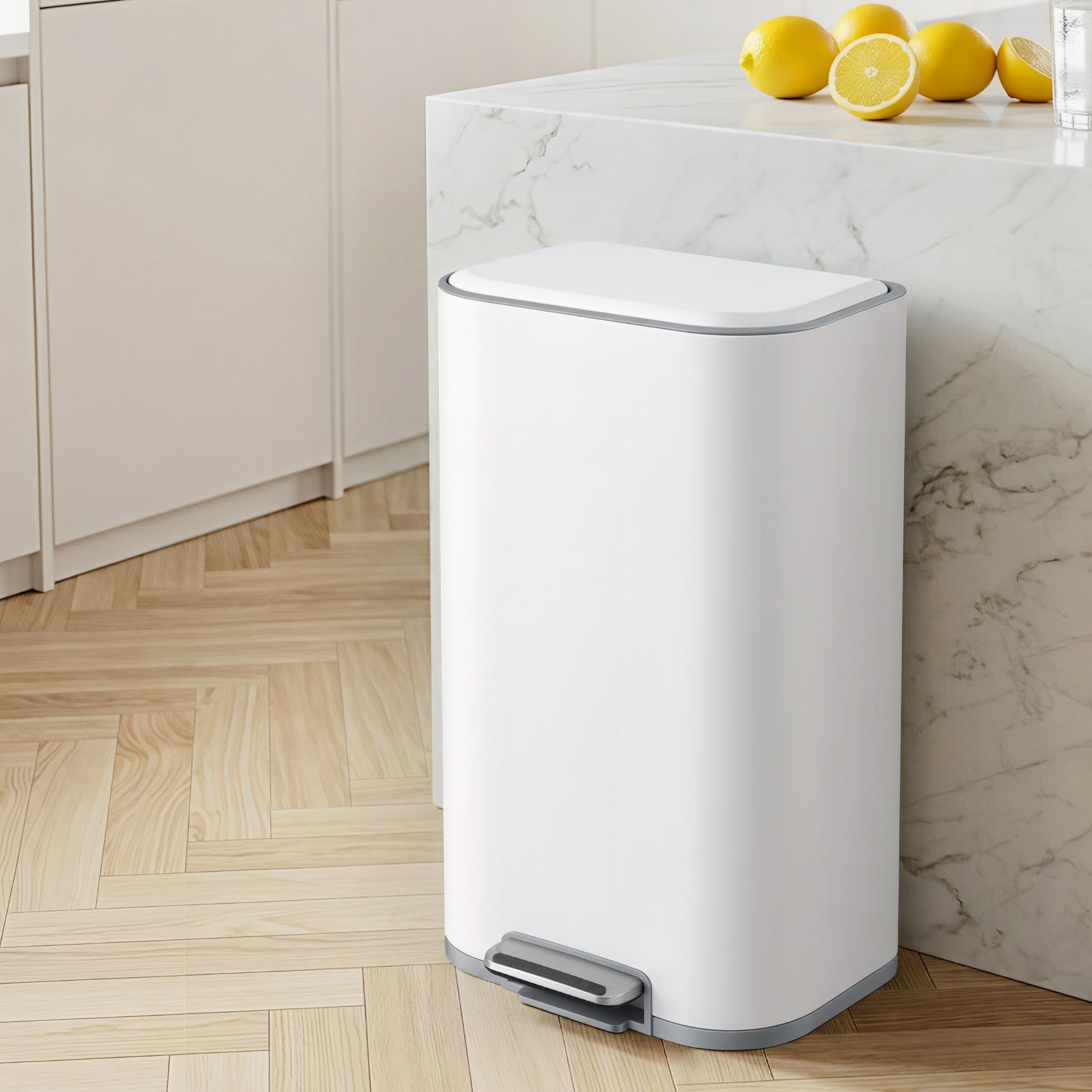 Kitchen Trash Can 40L Pedal Bin with Soft Close Lid and Removable Inner Bucket - White