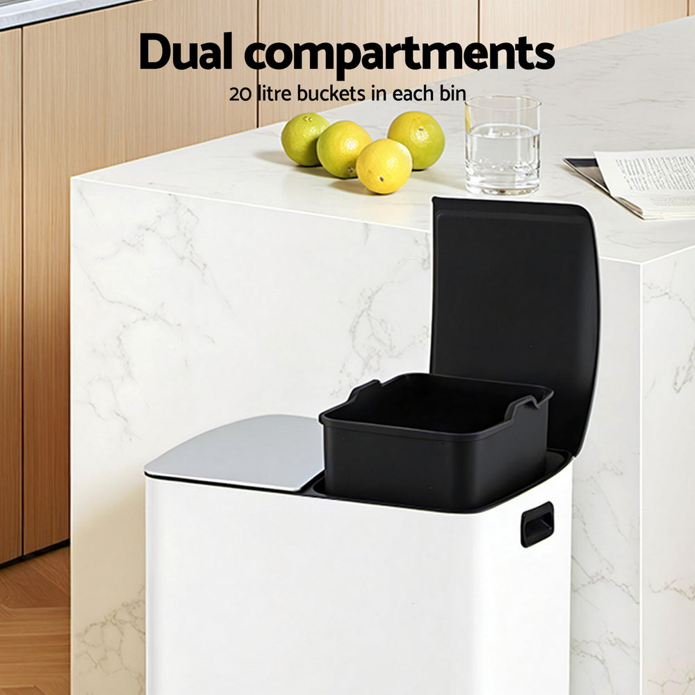 Pedal Bins Rubbish Bin Dual Compartment Waste Recycle Dustbins 40L White