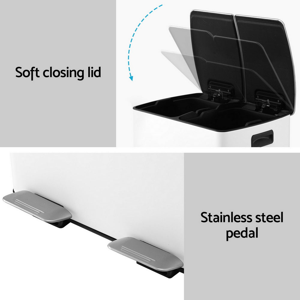 Pedal Bins Rubbish Bin Dual Compartment Waste Recycle Dustbins 40L White