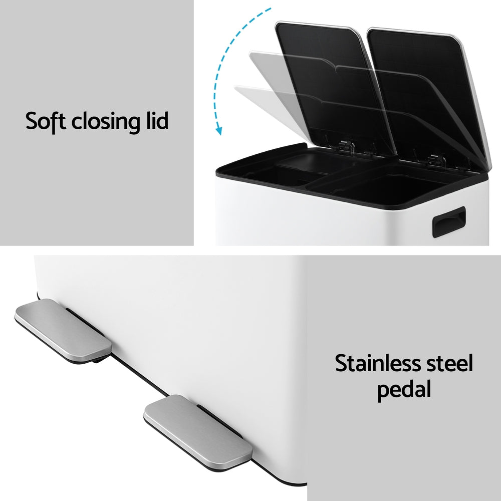 Pedal Bins Rubbish Bin Dual Compartment Waste Recycle Dustbins 60L White