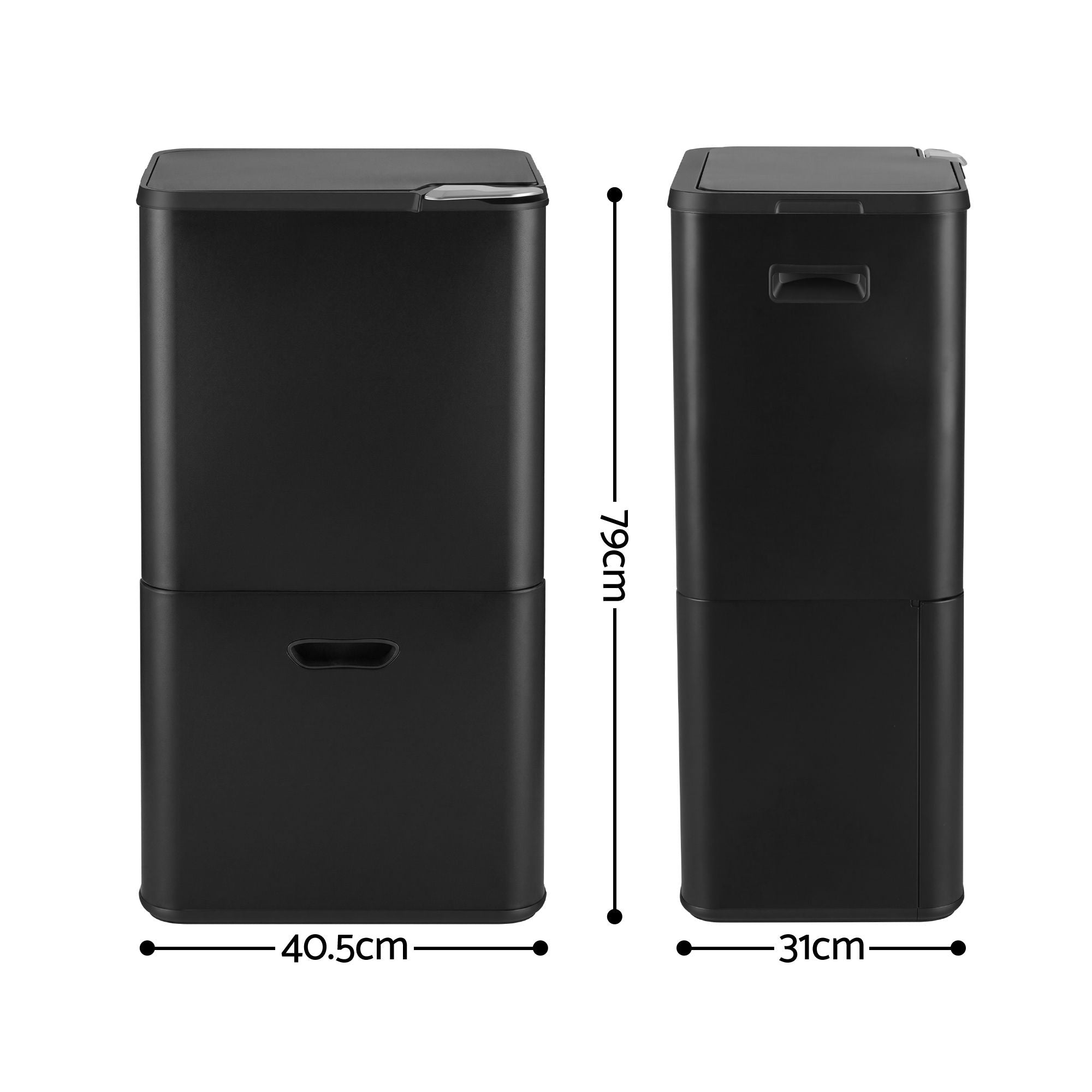63L 3 Compartment Rubbish Bin with Split Door Carbon Steel - Black