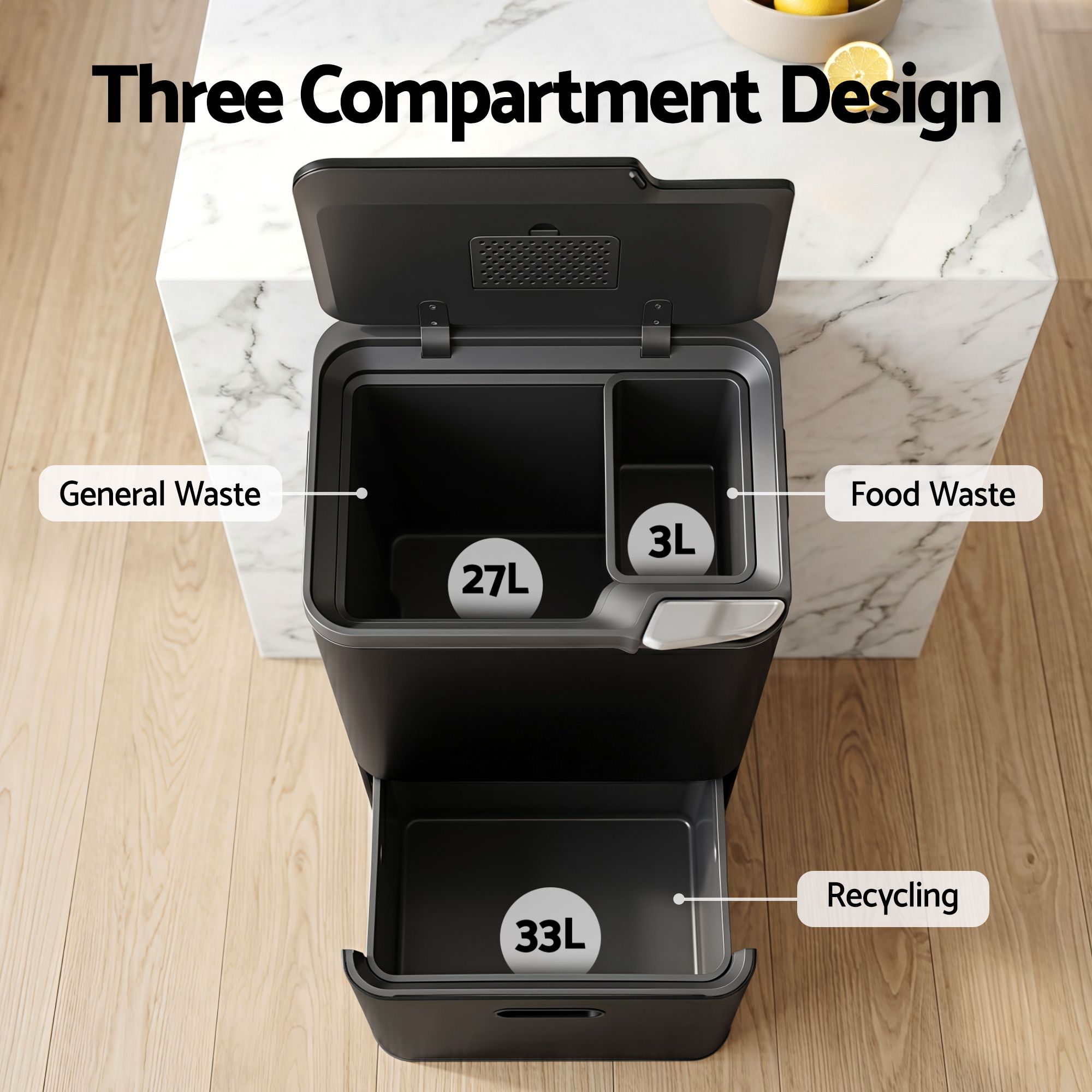 63L 3 Compartment Rubbish Bin with Split Door Carbon Steel - Black