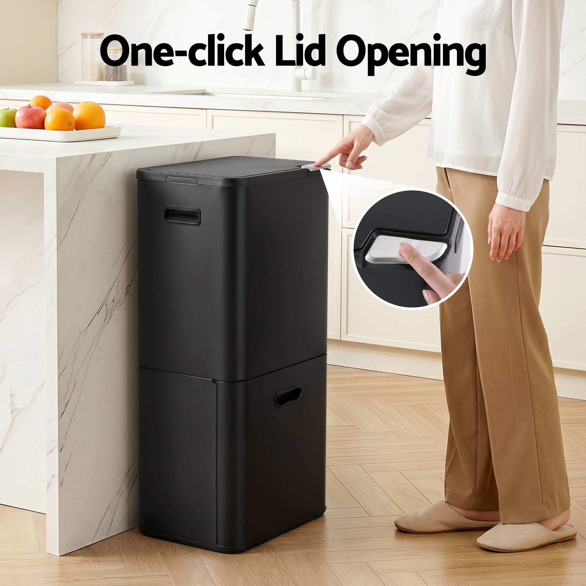63L 3 Compartment Rubbish Bin with Split Door Carbon Steel - Black