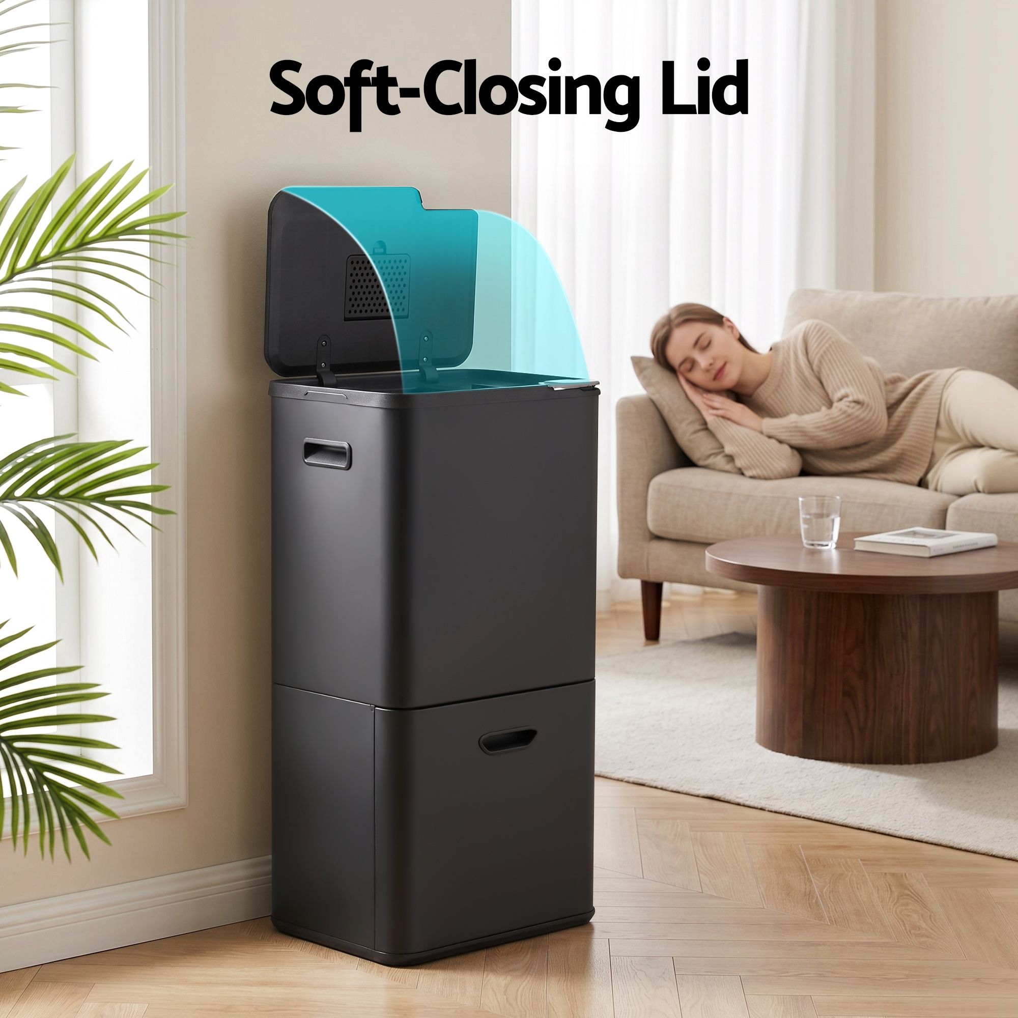 63L 3 Compartment Rubbish Bin with Split Door Carbon Steel - Black
