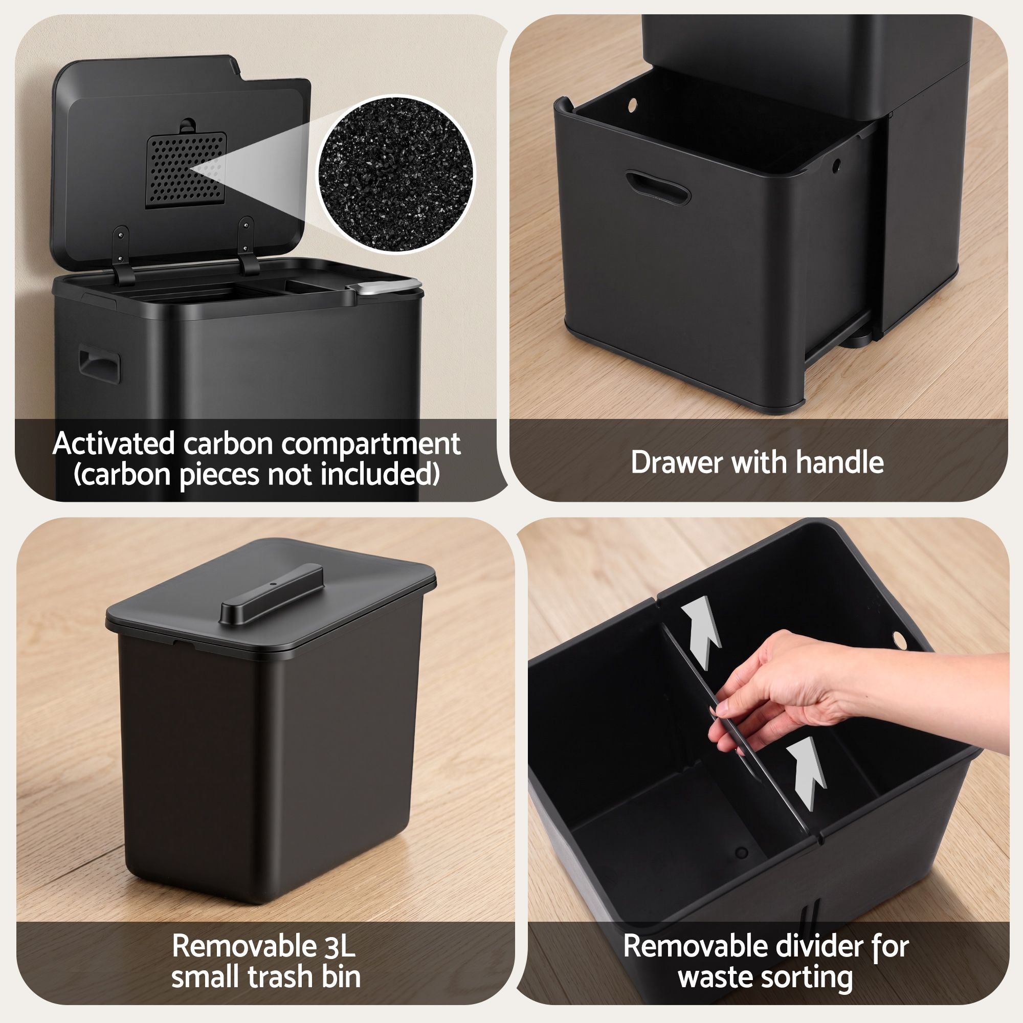 63L 3 Compartment Rubbish Bin with Split Door Carbon Steel - Black