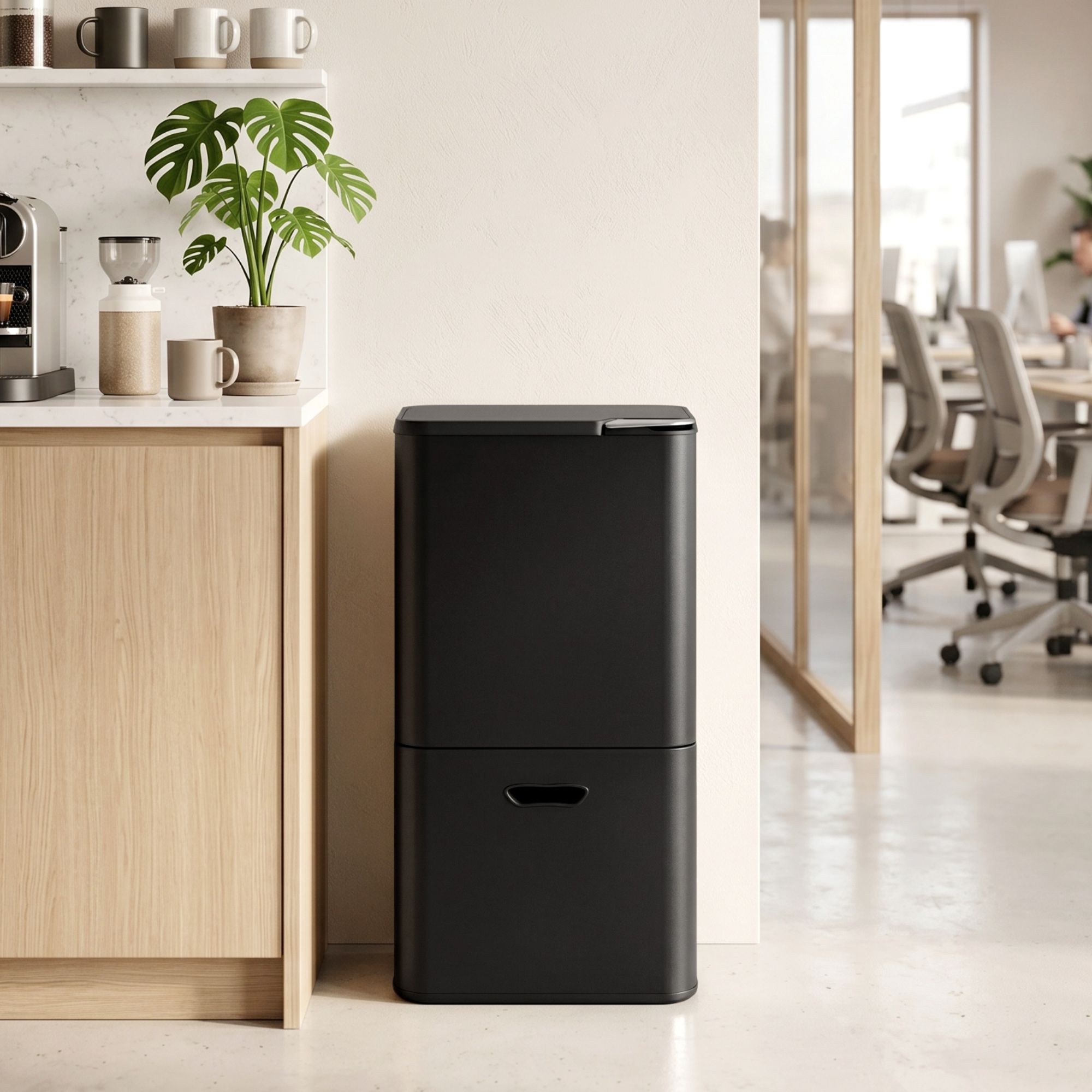 63L 3 Compartment Rubbish Bin with Split Door Carbon Steel - Black