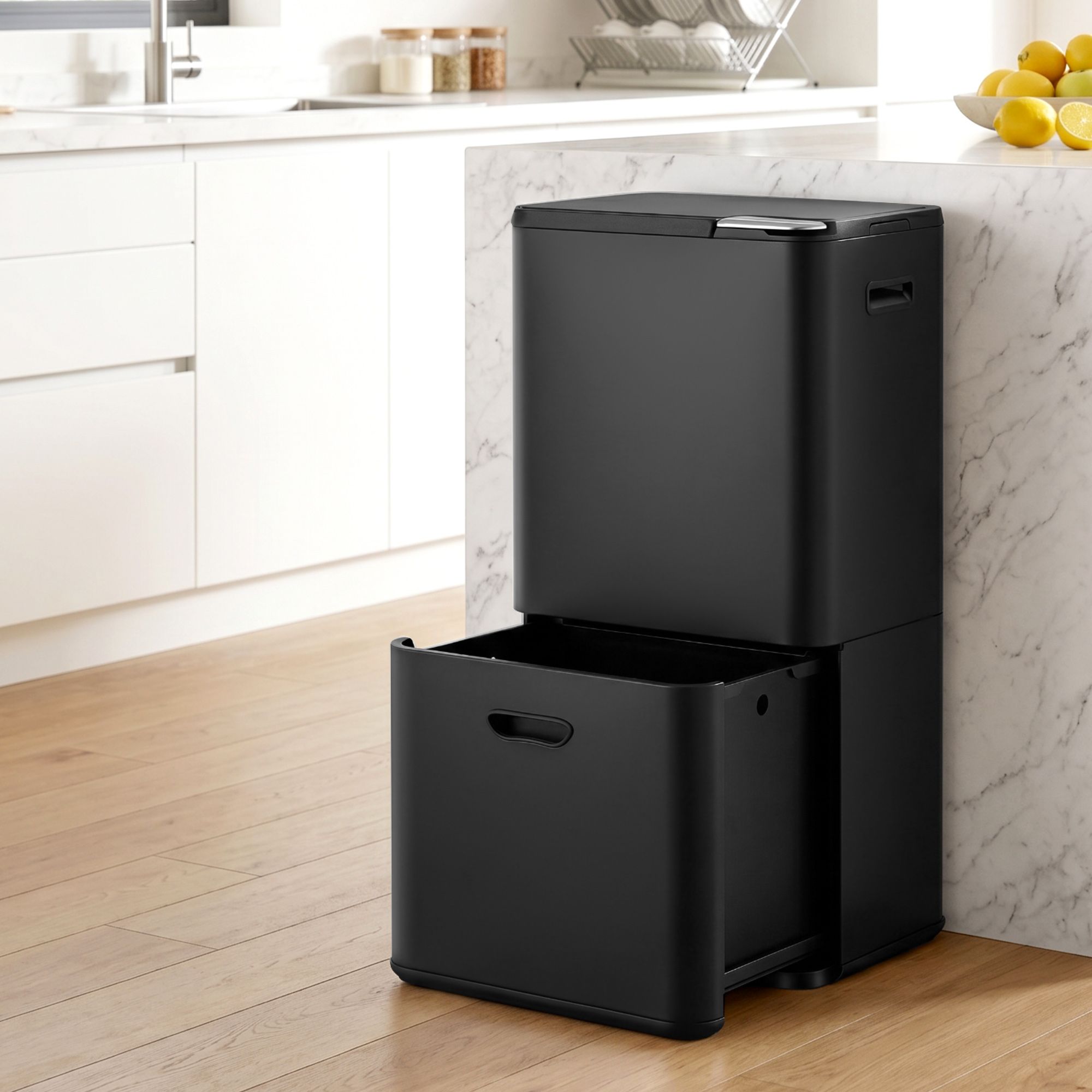 63L 3 Compartment Rubbish Bin with Split Door Carbon Steel - Black