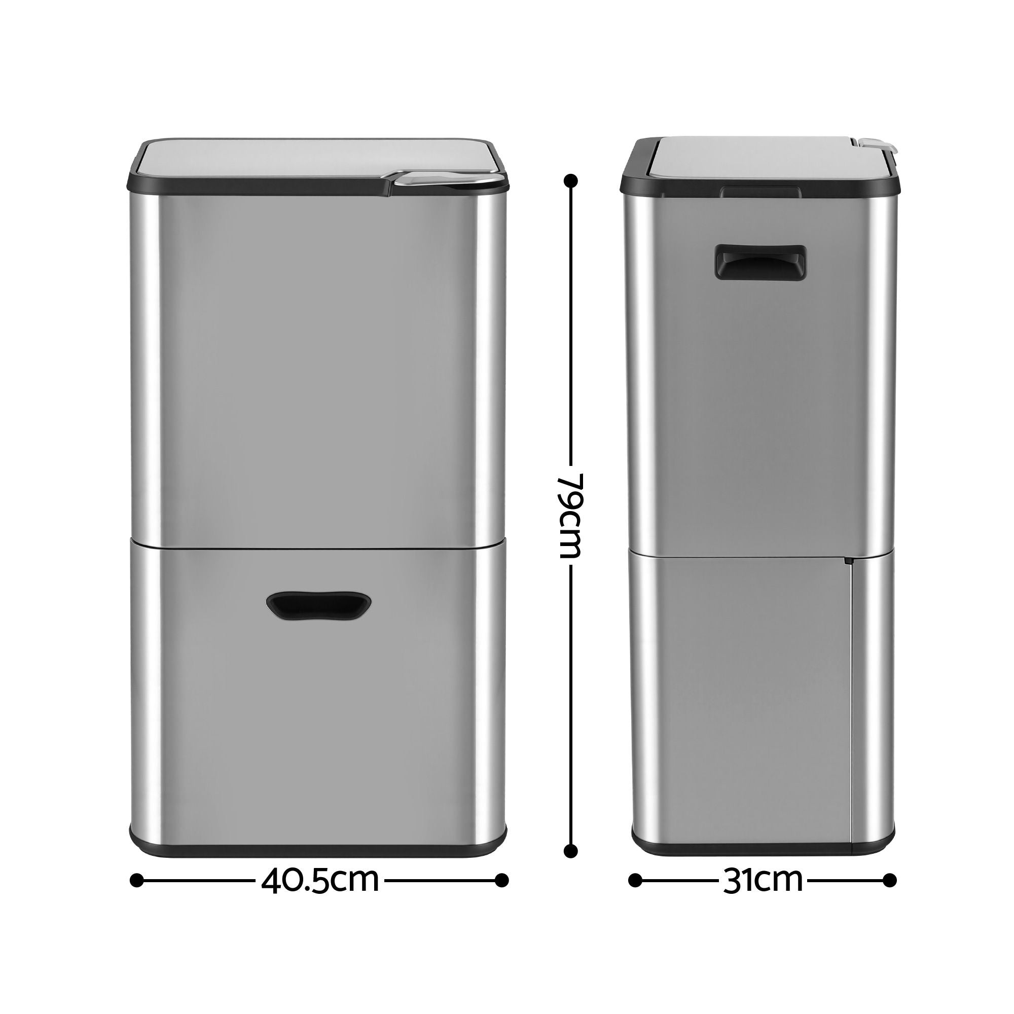 63L 3 Compartment Stainless Steel Rubbish Bin Split Door Trash Can - Silver
