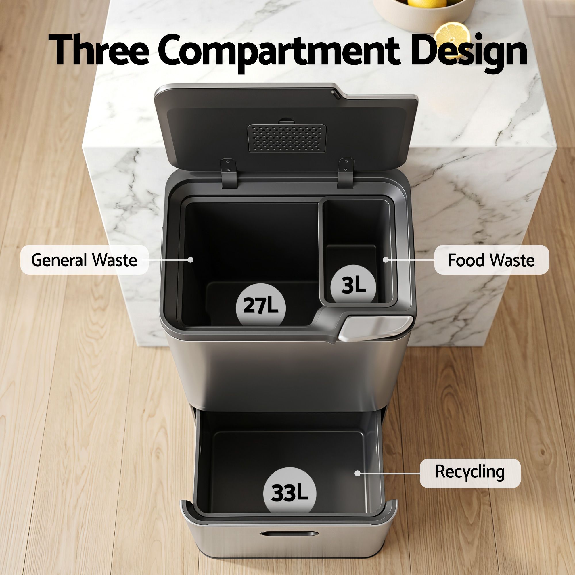 63L 3 Compartment Stainless Steel Rubbish Bin Split Door Trash Can - Silver