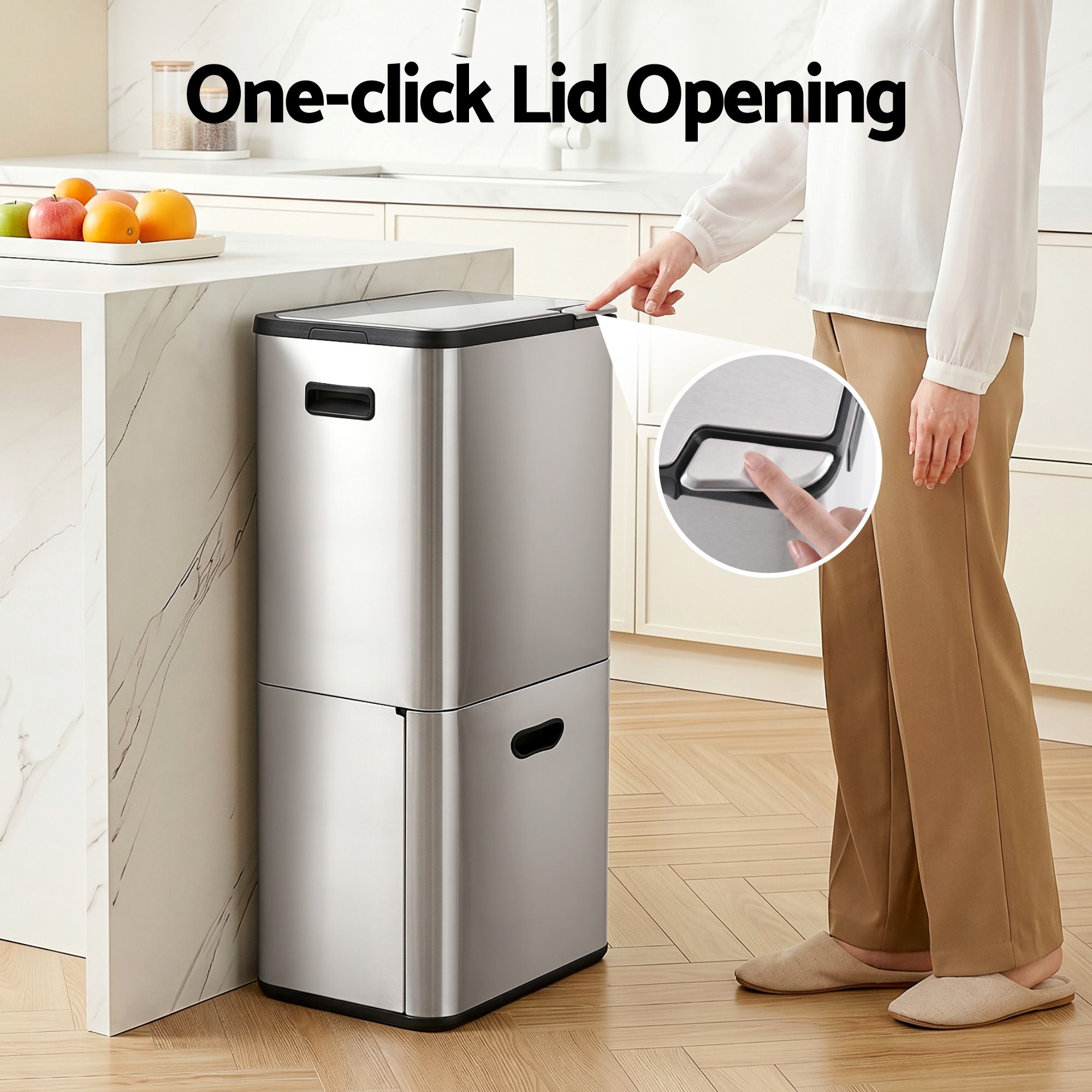 63L 3 Compartment Stainless Steel Rubbish Bin Split Door Trash Can - Silver