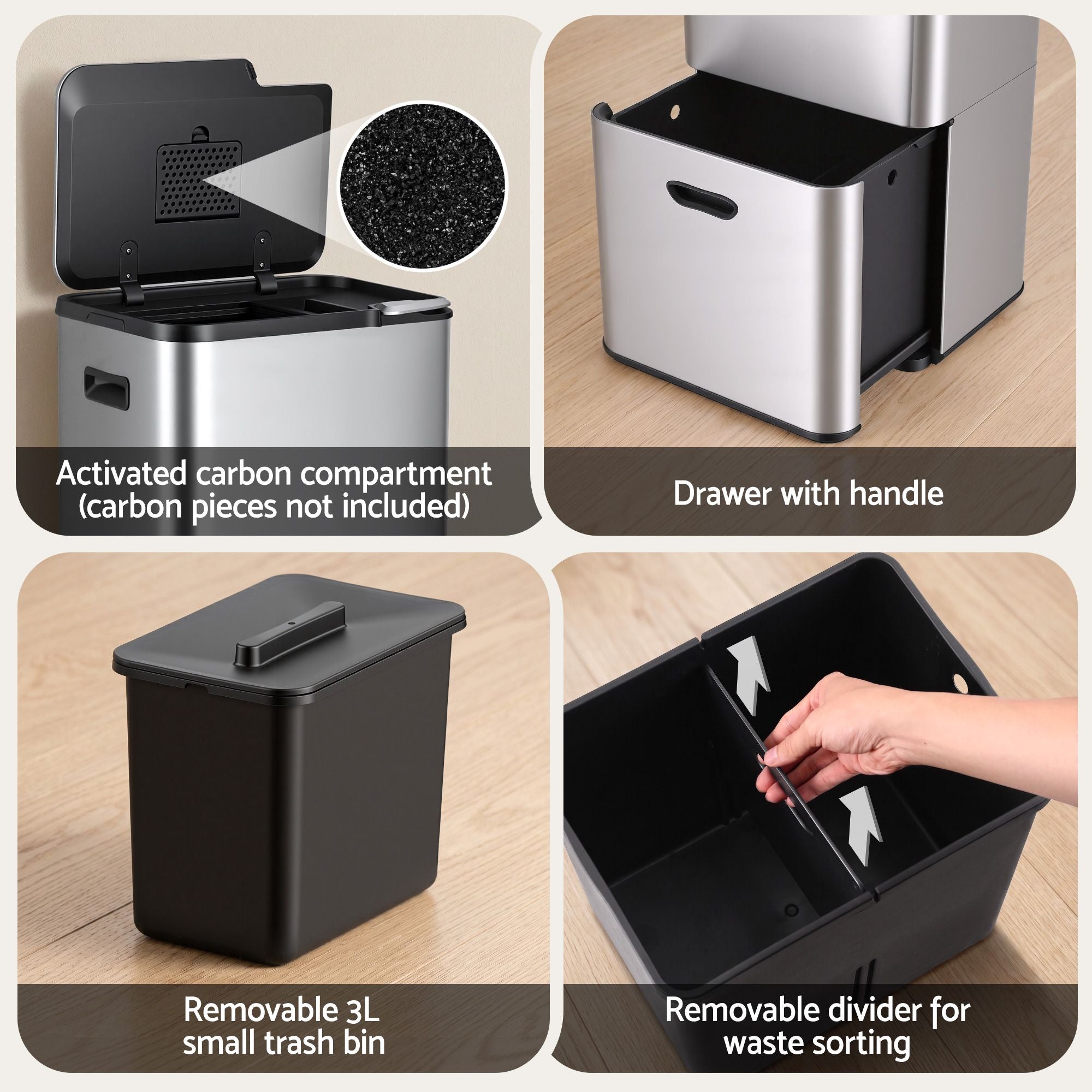 63L 3 Compartment Stainless Steel Rubbish Bin Split Door Trash Can - Silver