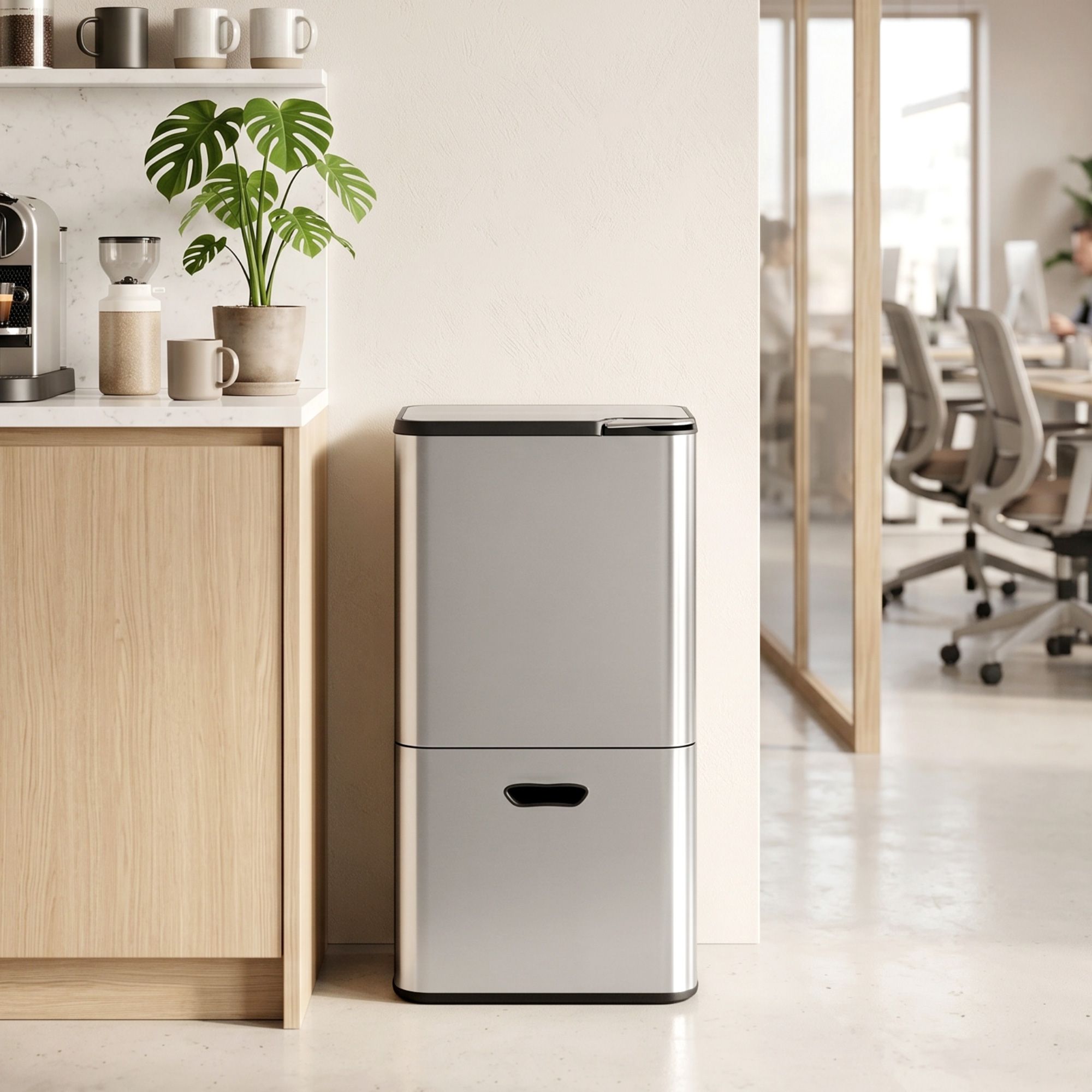 63L 3 Compartment Stainless Steel Rubbish Bin Split Door Trash Can - Silver
