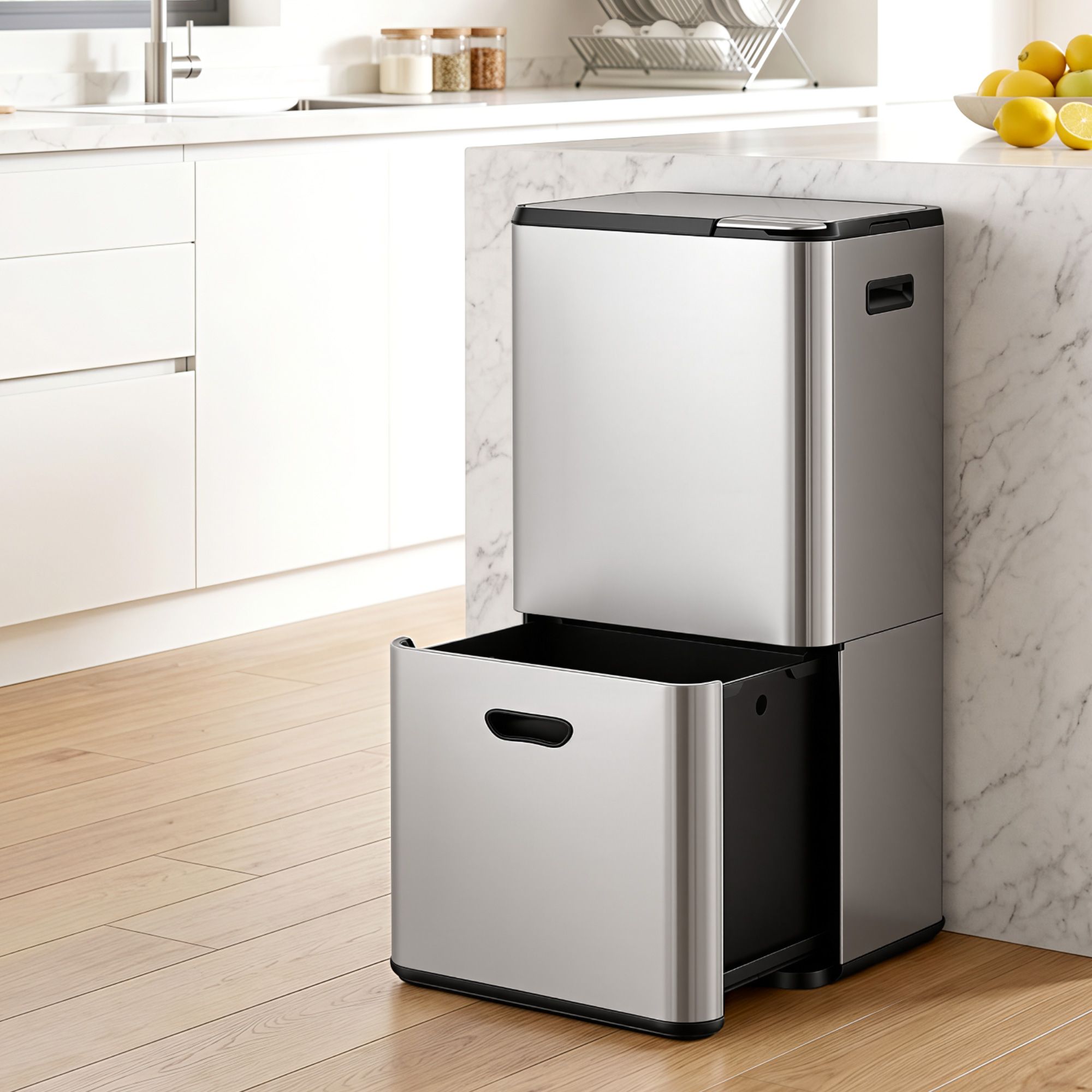 63L 3 Compartment Stainless Steel Rubbish Bin Split Door Trash Can - Silver