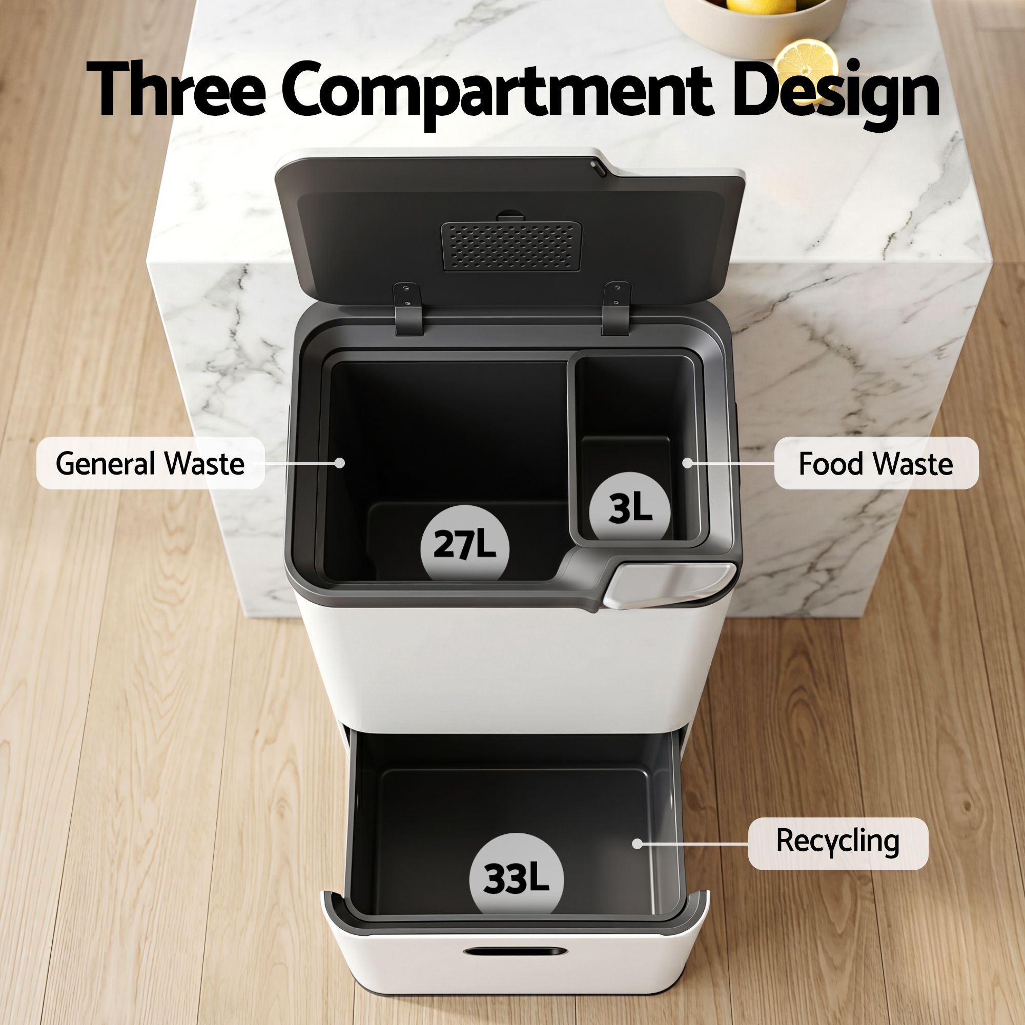 63L 3 Compartment Carbon Steel Rubbish Bin Split Door Trash Can - White
