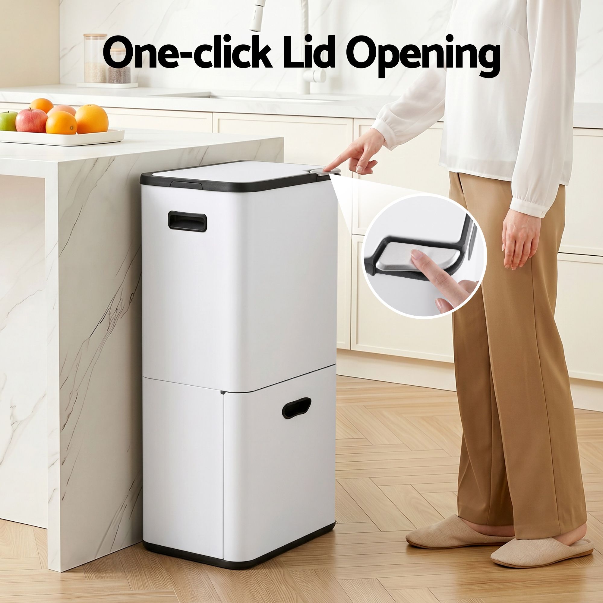 63L 3 Compartment Carbon Steel Rubbish Bin Split Door Trash Can - White
