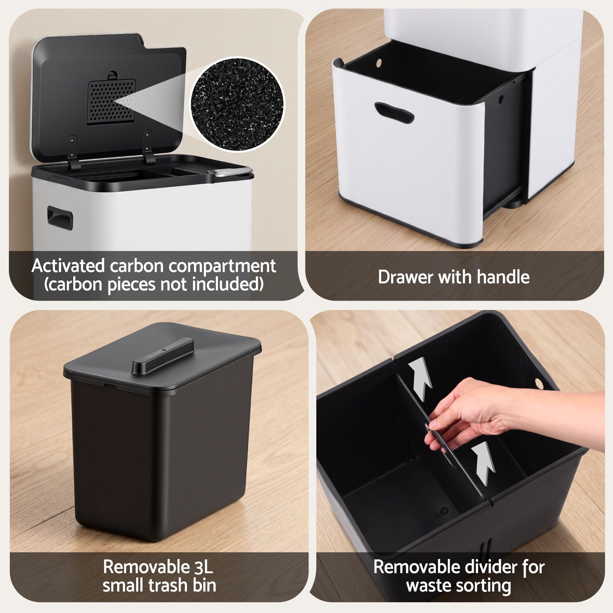 63L 3 Compartment Carbon Steel Rubbish Bin Split Door Trash Can - White