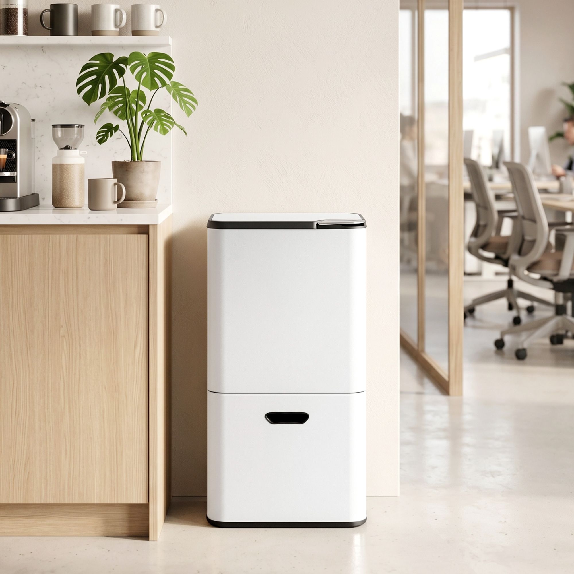 63L 3 Compartment Carbon Steel Rubbish Bin Split Door Trash Can - White