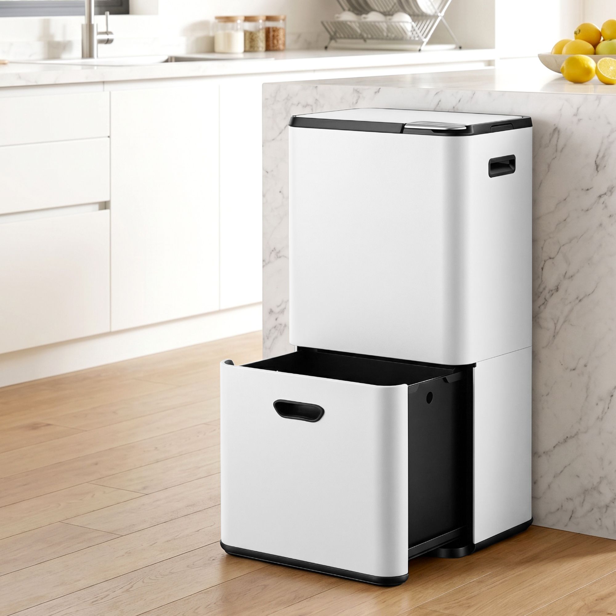 63L 3 Compartment Carbon Steel Rubbish Bin Split Door Trash Can - White