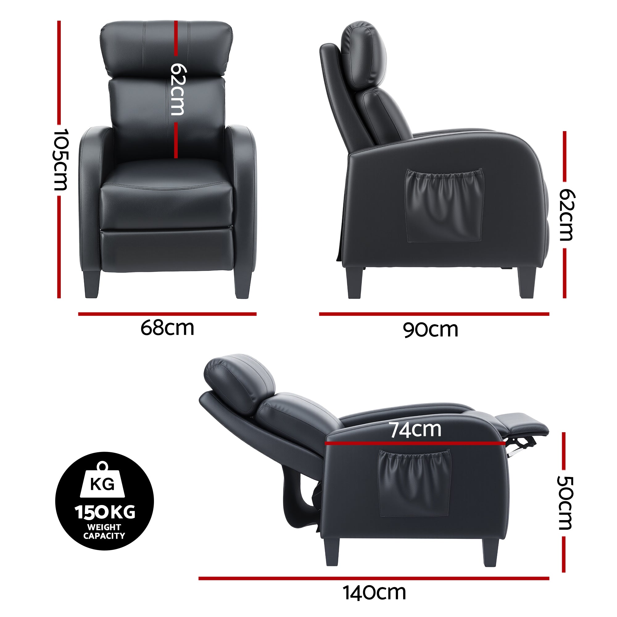 Massage Recliner Chair Small PU Leather Recliner Sofa for Adults - Black