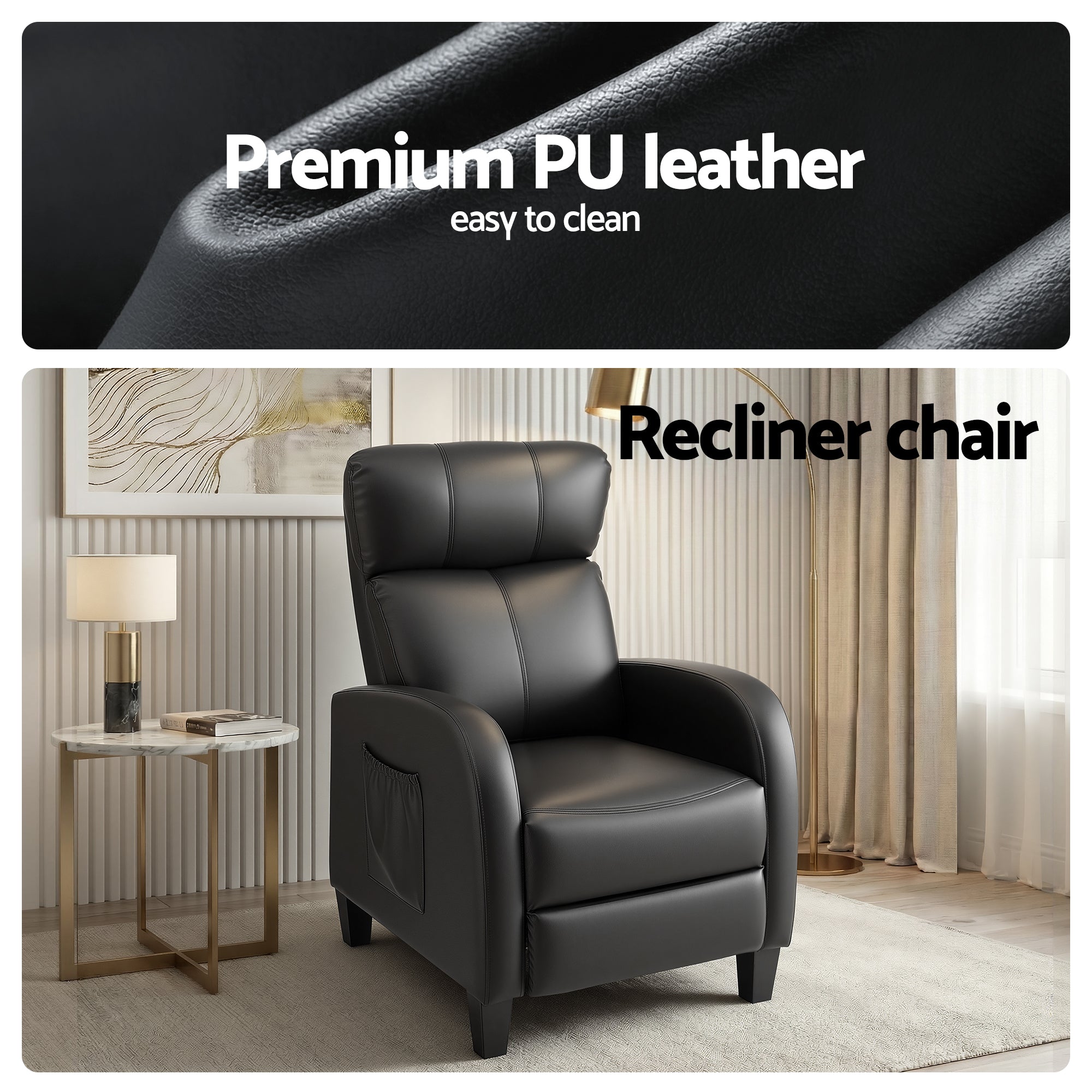 Massage Recliner Chair Small PU Leather Recliner Sofa for Adults - Black