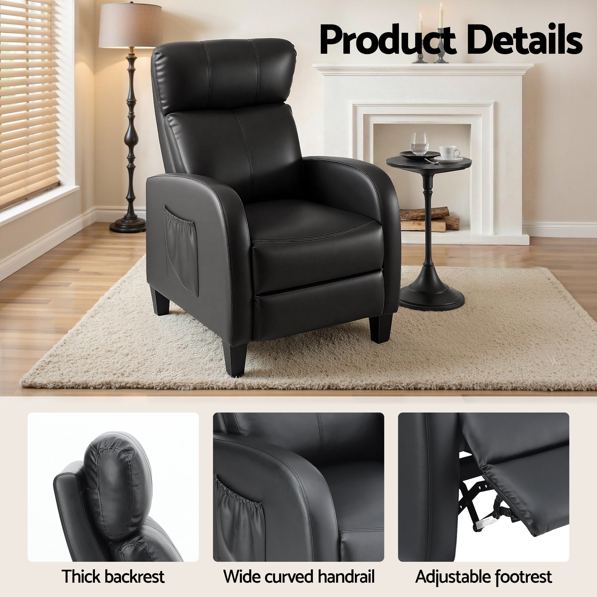 Massage Recliner Chair Small PU Leather Recliner Sofa for Adults - Black