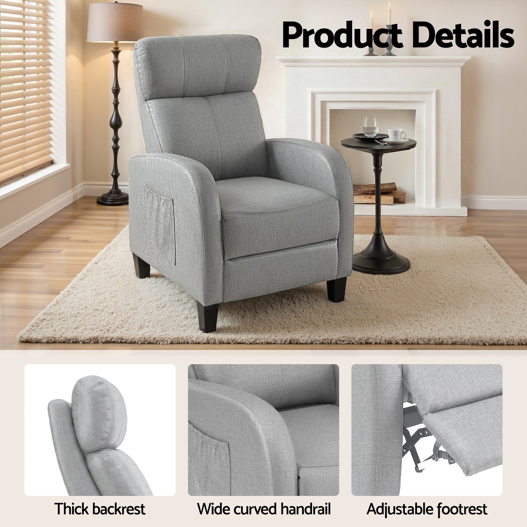 Massage Recliner Chair Small Recliner Sofa with Fabric Upholstery - Grey