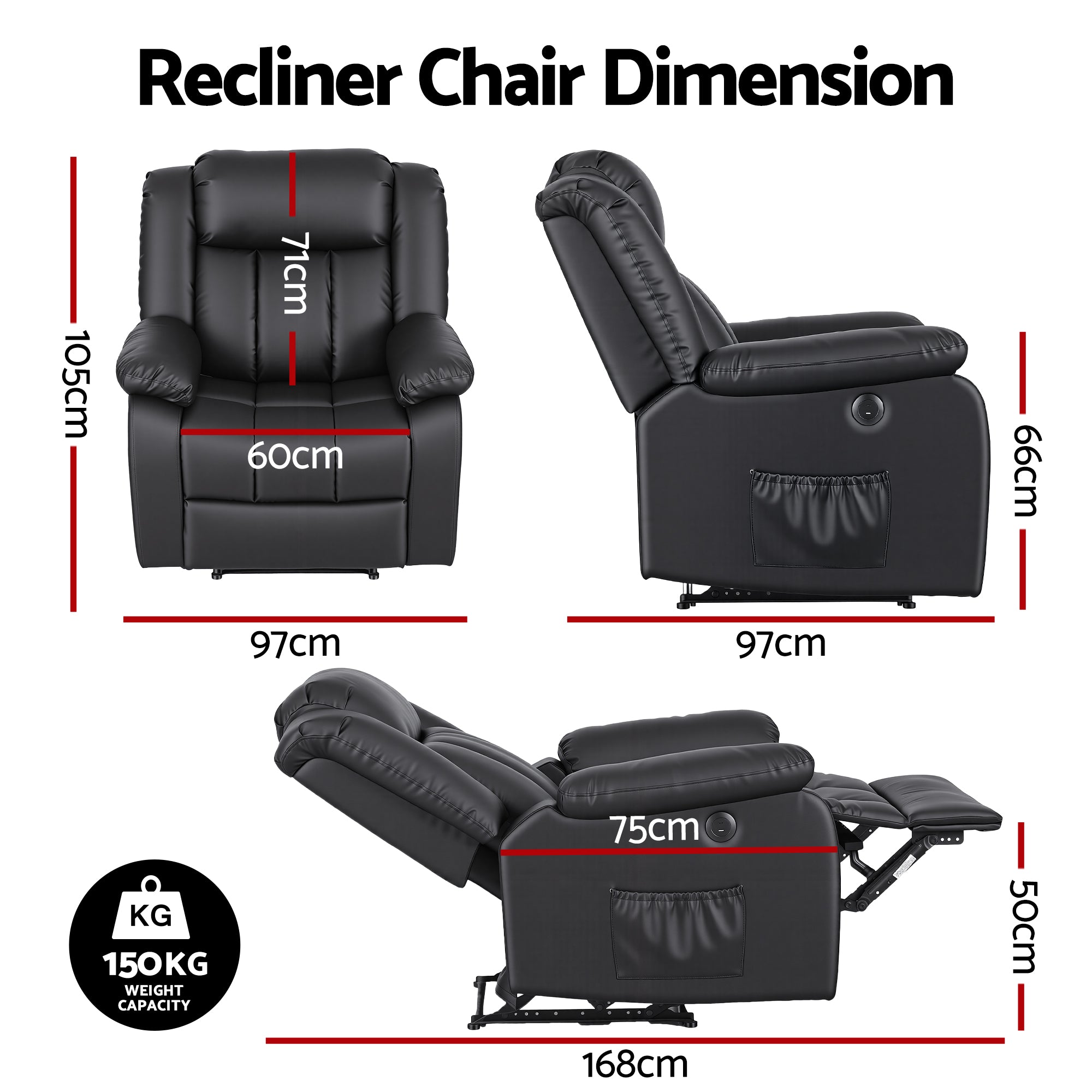 Manual Massage Recliner Chair for Living Room, Leather Sofa Lounge Reclining Chair with 2 USB Port, 160¬∞ Recline Reading Chair with 20CM Wide Armrests, 8 Point Vibration & Lumbar Heat, Black