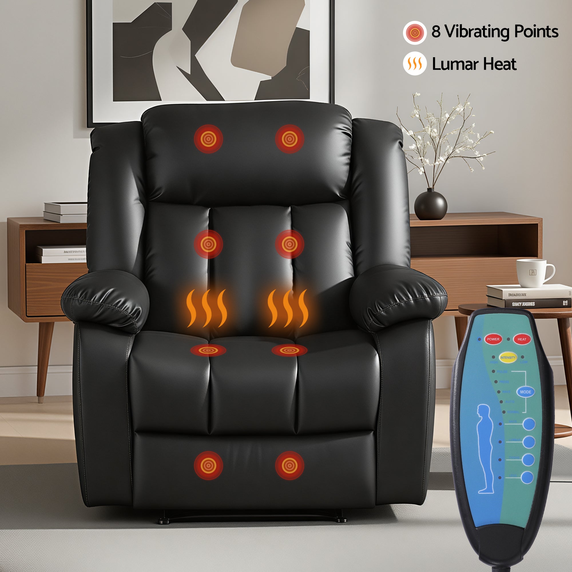 Manual Massage Recliner Chair for Living Room, Leather Sofa Lounge Reclining Chair with 2 USB Port, 160¬∞ Recline Reading Chair with 20CM Wide Armrests, 8 Point Vibration & Lumbar Heat, Black