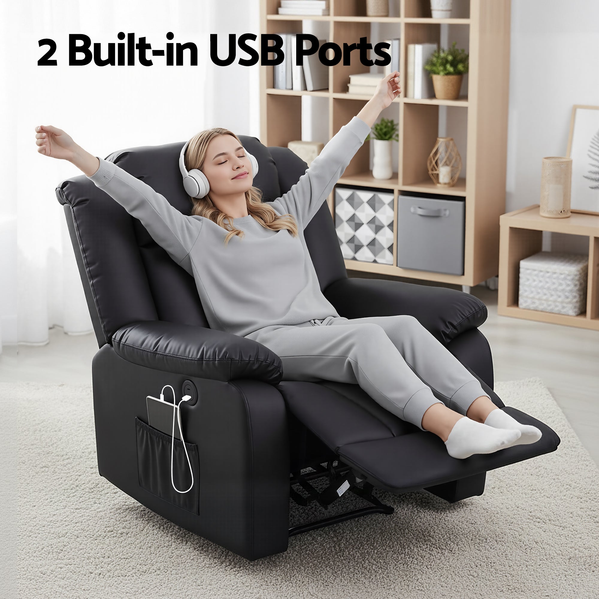 Manual Massage Recliner Chair for Living Room, Leather Sofa Lounge Reclining Chair with 2 USB Port, 160¬∞ Recline Reading Chair with 20CM Wide Armrests, 8 Point Vibration & Lumbar Heat, Black