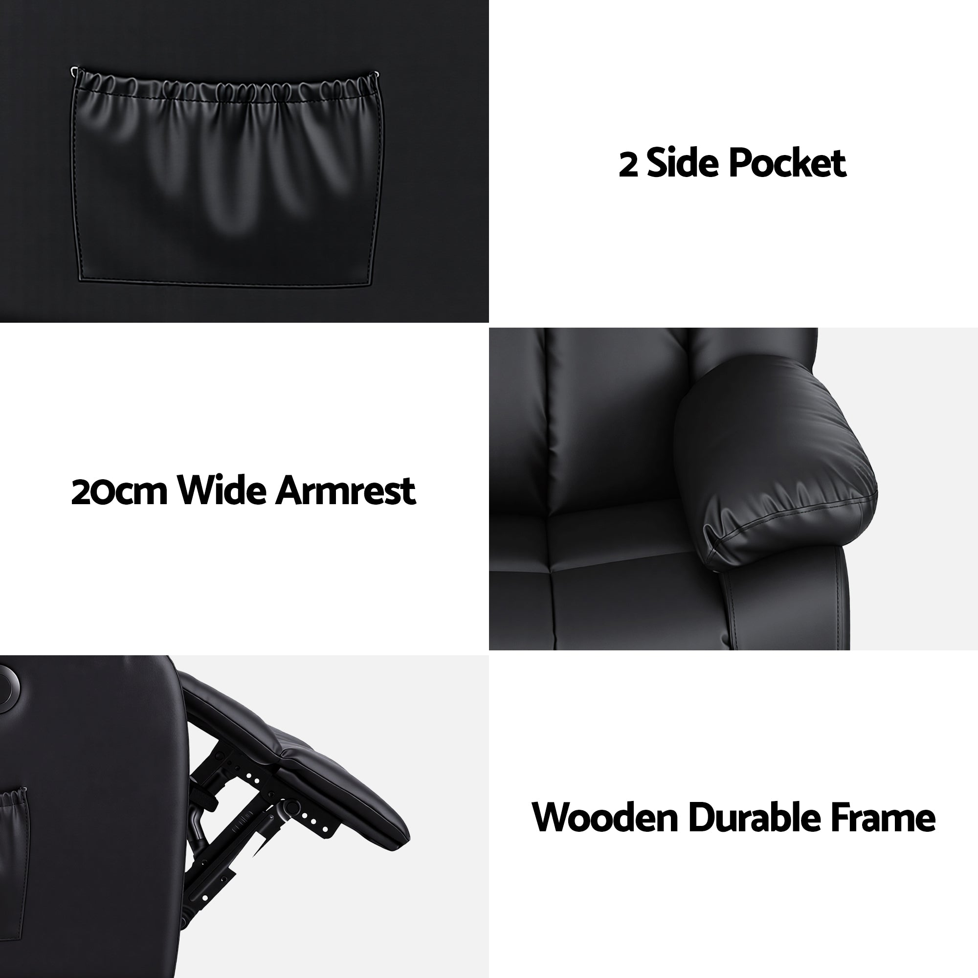 Manual Massage Recliner Chair for Living Room, Leather Sofa Lounge Reclining Chair with 2 USB Port, 160¬∞ Recline Reading Chair with 20CM Wide Armrests, 8 Point Vibration & Lumbar Heat, Black