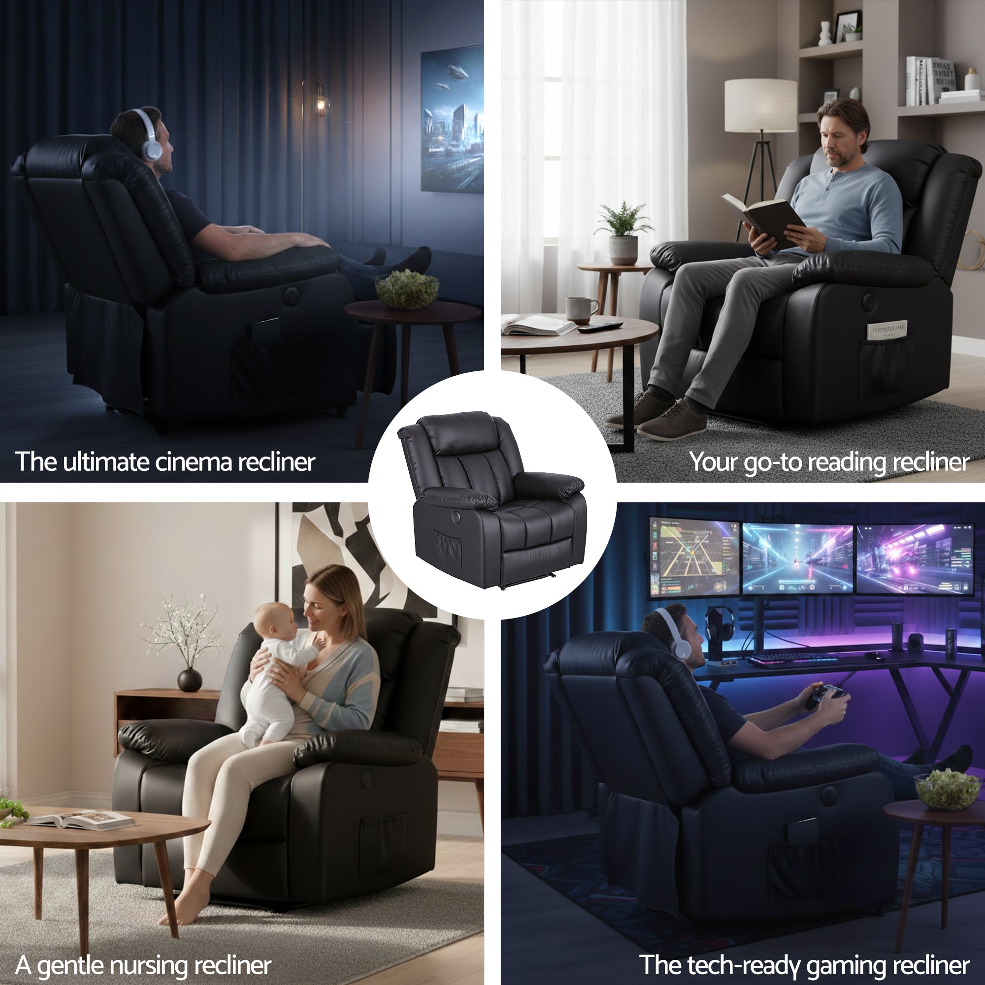 Manual Massage Recliner Chair for Living Room, Leather Sofa Lounge Reclining Chair with 2 USB Port, 160¬∞ Recline Reading Chair with 20CM Wide Armrests, 8 Point Vibration & Lumbar Heat, Black