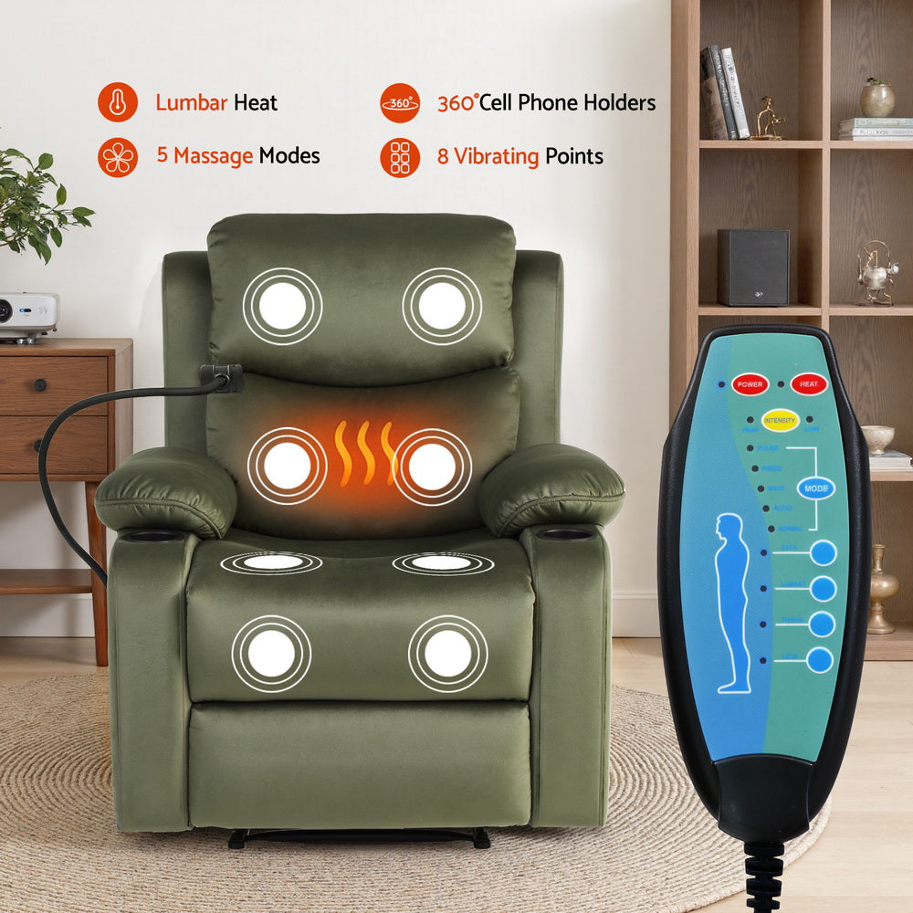 Recliner Chair Heated Massage Chair with Phone Holder Velvet