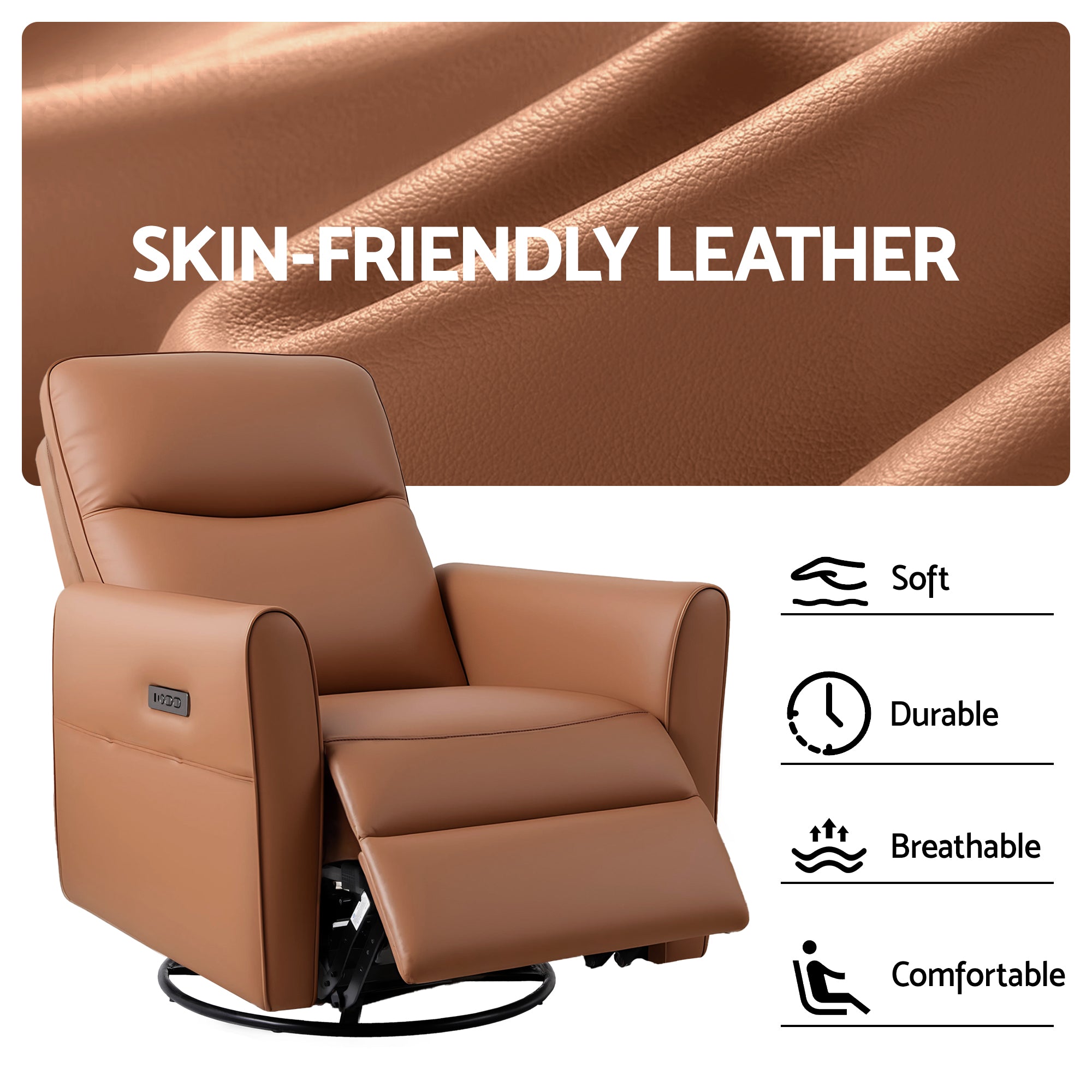 Swivel Recliner Chair Leather Rocking Reclining Sofa with Charging Ports LED Brown