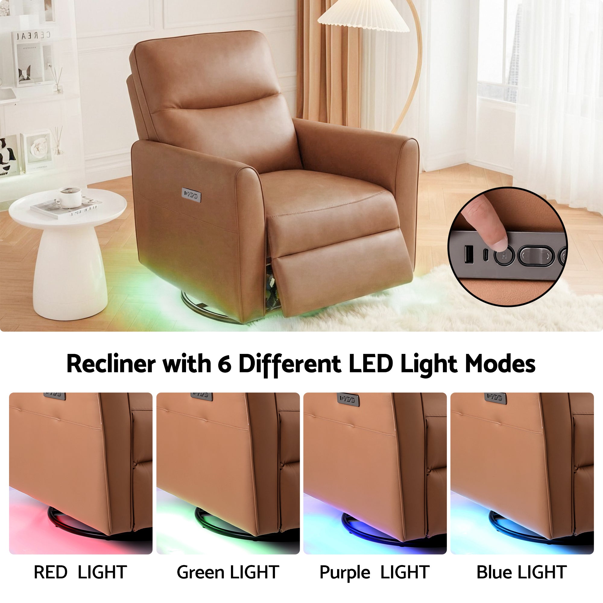 Swivel Recliner Chair Leather Rocking Reclining Sofa with Charging Ports LED Brown