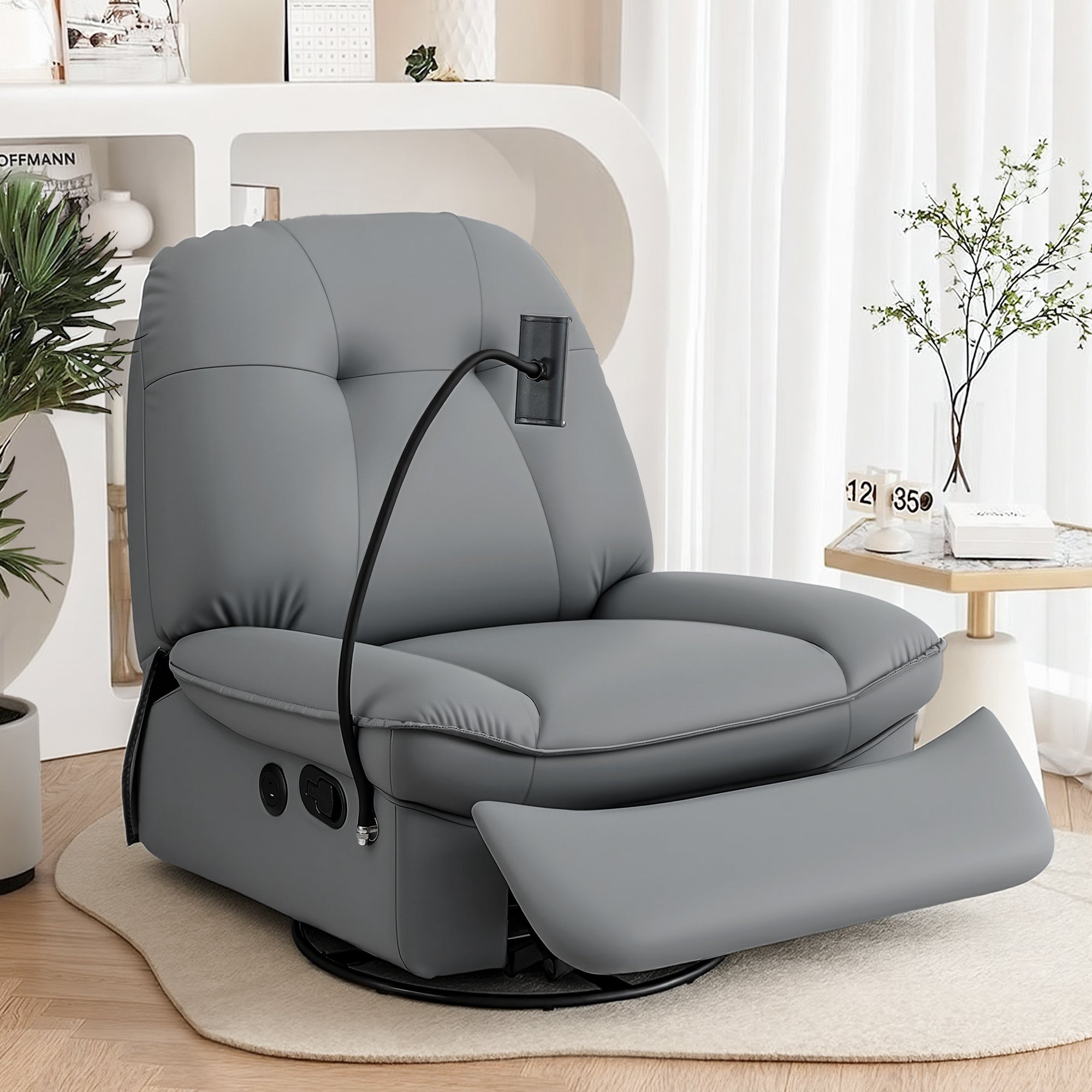 Manual Swivel Rocker Recliner with USB Ports and Phone Holder - Grey