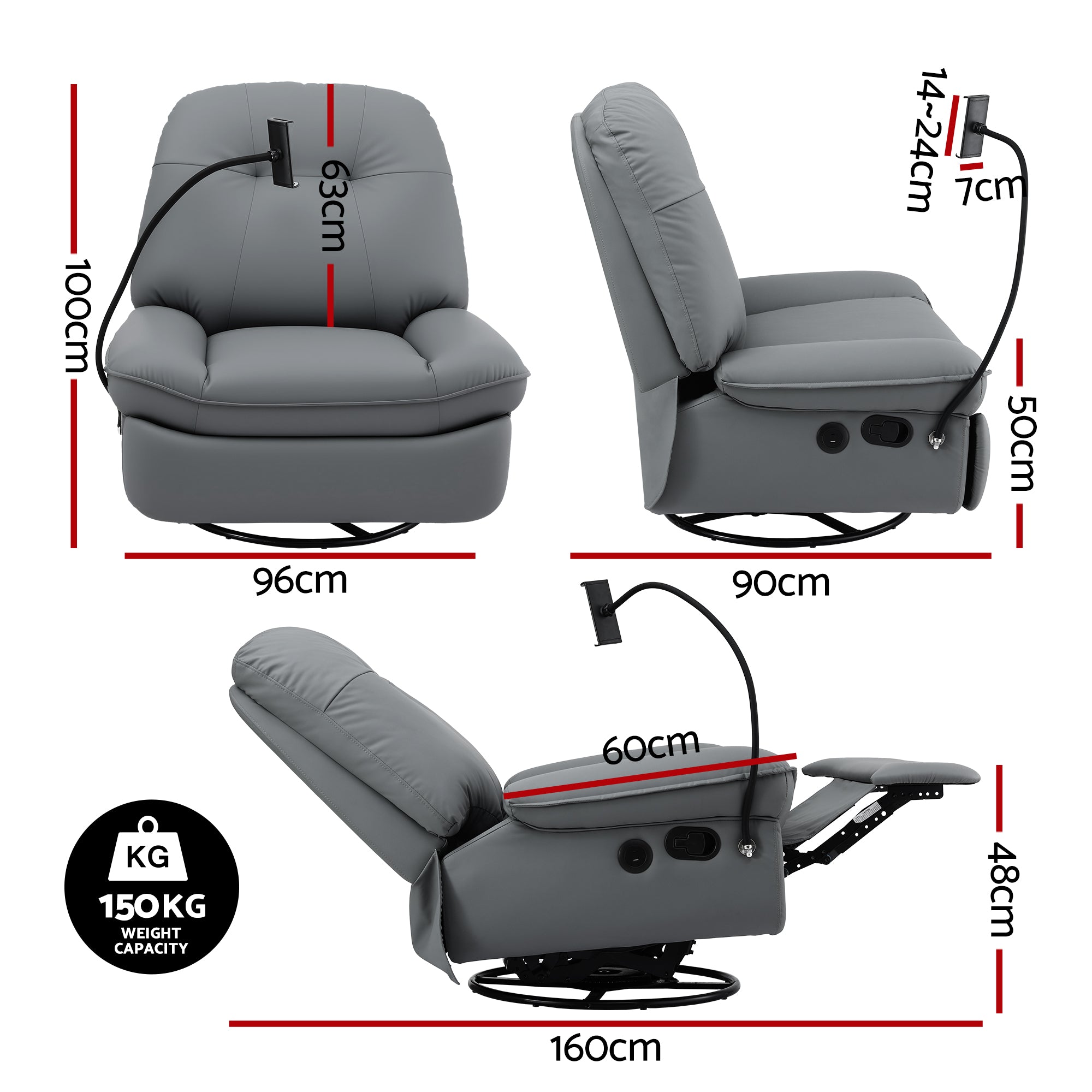Manual Swivel Rocker Recliner with USB Ports and Phone Holder - Grey