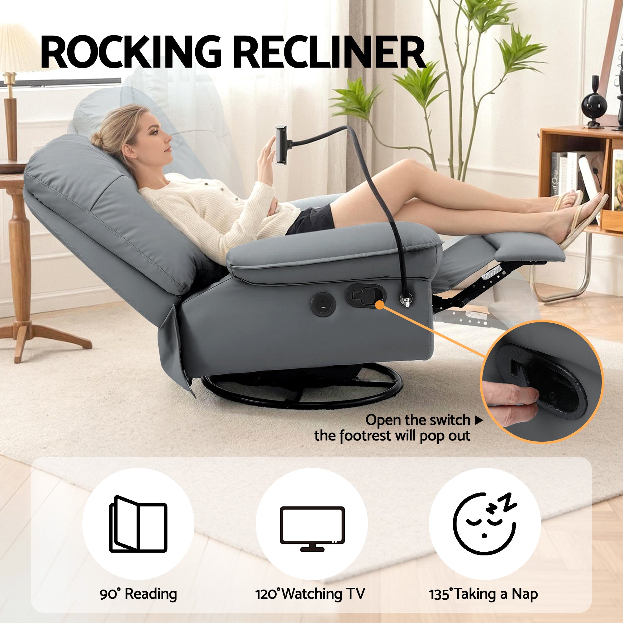 Manual Swivel Rocker Recliner with USB Ports and Phone Holder - Grey