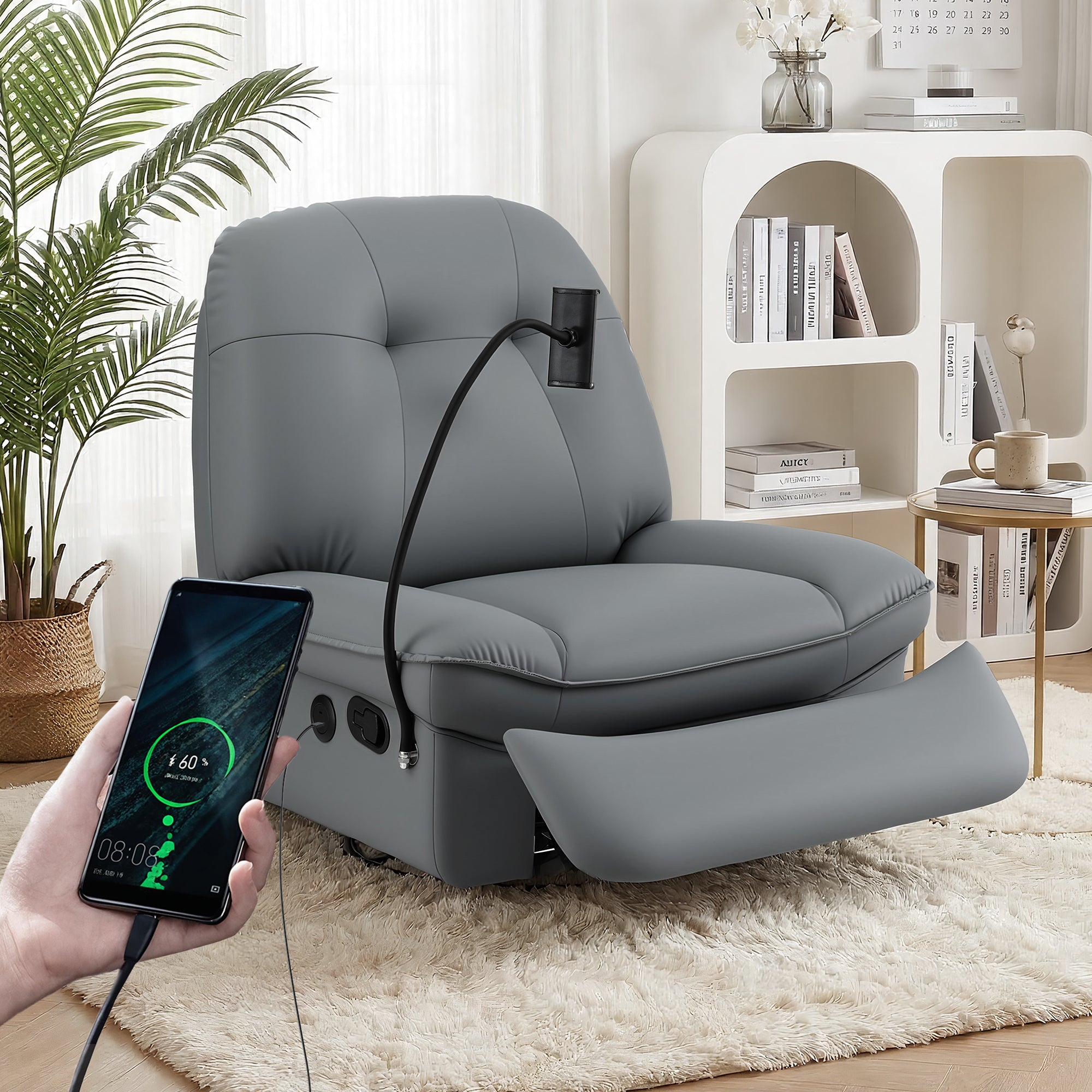 Manual Swivel Rocker Recliner with USB Ports and Phone Holder - Grey