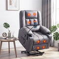 Power Lift Recliner Chair with Massage and Heat for Elderly, Electric Sofa Reclining Chair with USB and Phone Holder, PU Leather Comfy Armchair for Living Room, 2 Cup Holder & 4 Pockets, Grey