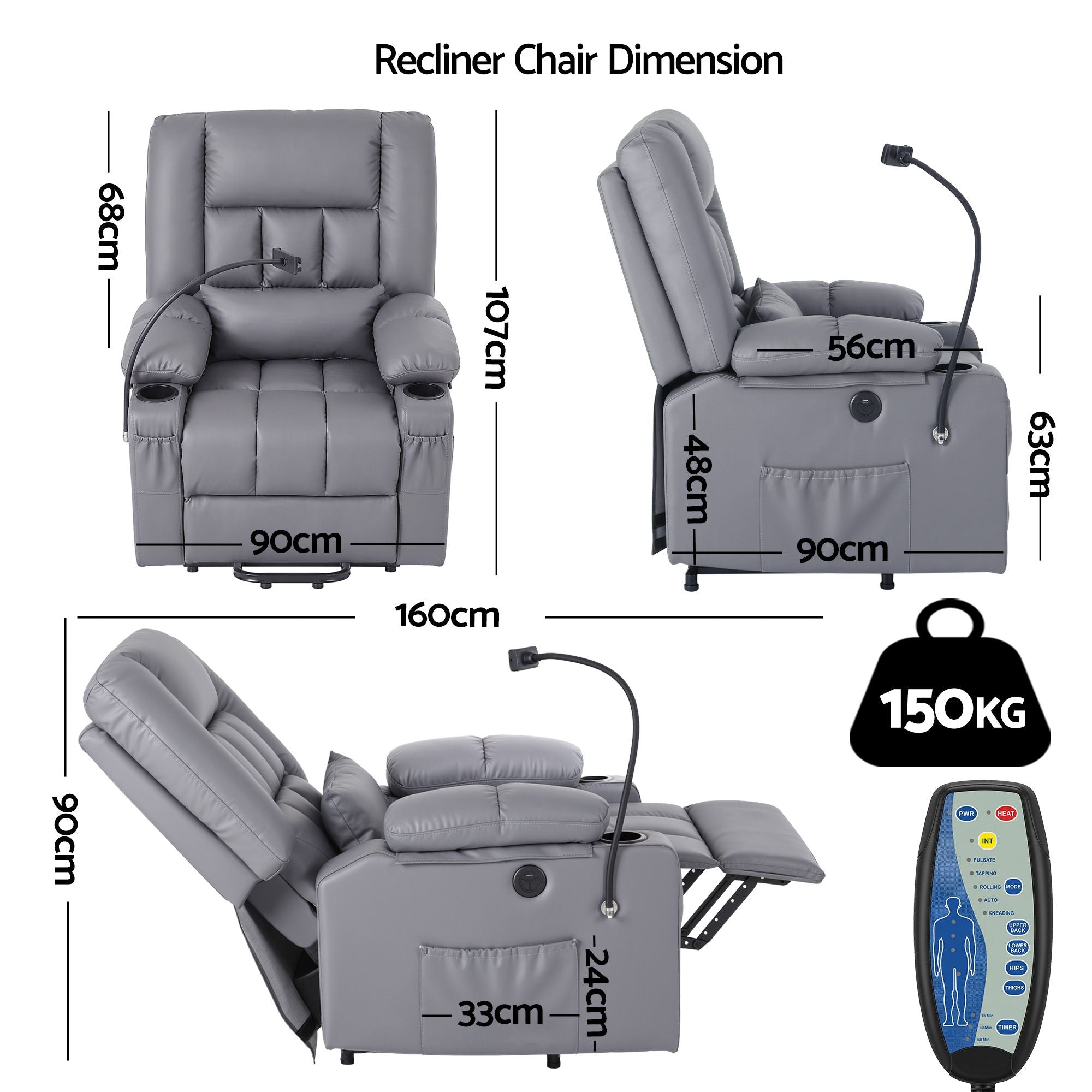Power Lift Recliner Chair with Massage and Heat for Elderly, Electric Sofa Reclining Chair with USB and Phone Holder, PU Leather Comfy Armchair for Living Room, 2 Cup Holder & 4 Pockets, Grey