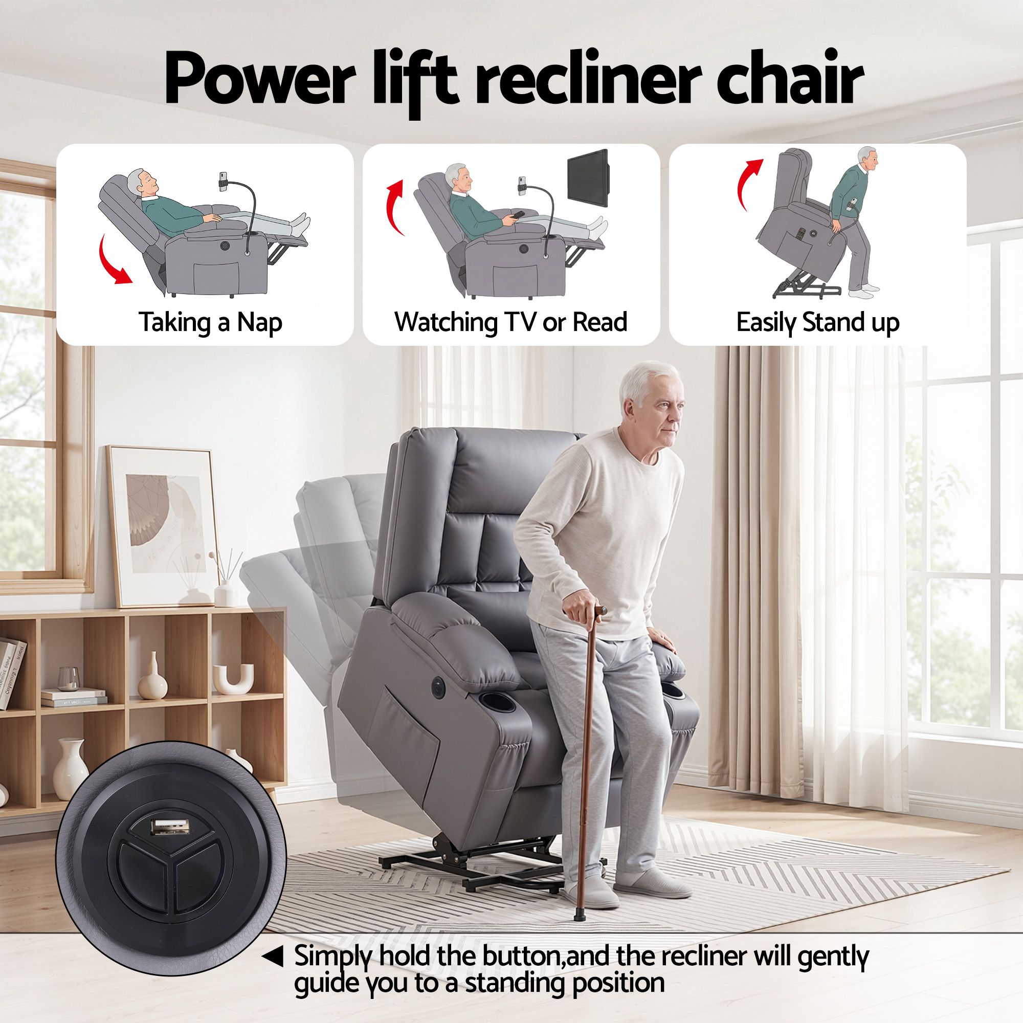 Power Lift Recliner Chair with Massage and Heat for Elderly, Electric Sofa Reclining Chair with USB and Phone Holder, PU Leather Comfy Armchair for Living Room, 2 Cup Holder & 4 Pockets, Grey