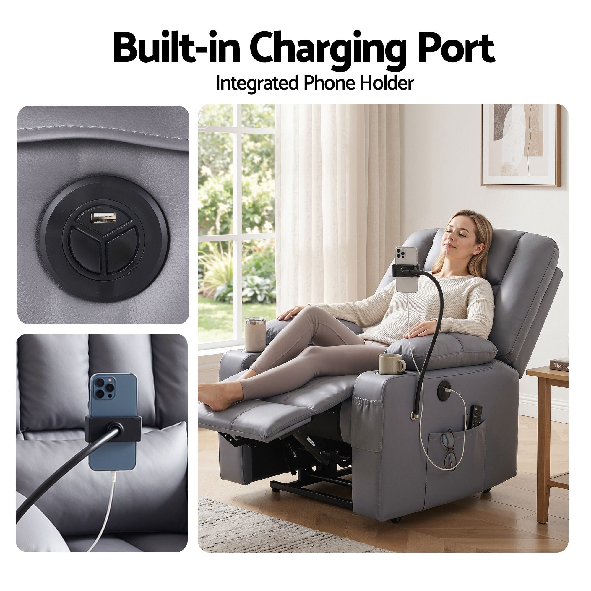 Power Lift Recliner Chair with Massage and Heat for Elderly, Electric Sofa Reclining Chair with USB and Phone Holder, PU Leather Comfy Armchair for Living Room, 2 Cup Holder & 4 Pockets, Grey