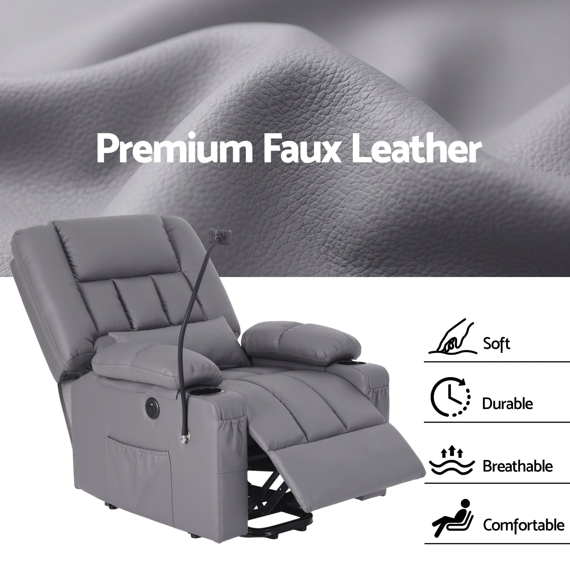 Power Lift Recliner Chair with Massage and Heat for Elderly, Electric Sofa Reclining Chair with USB and Phone Holder, PU Leather Comfy Armchair for Living Room, 2 Cup Holder & 4 Pockets, Grey
