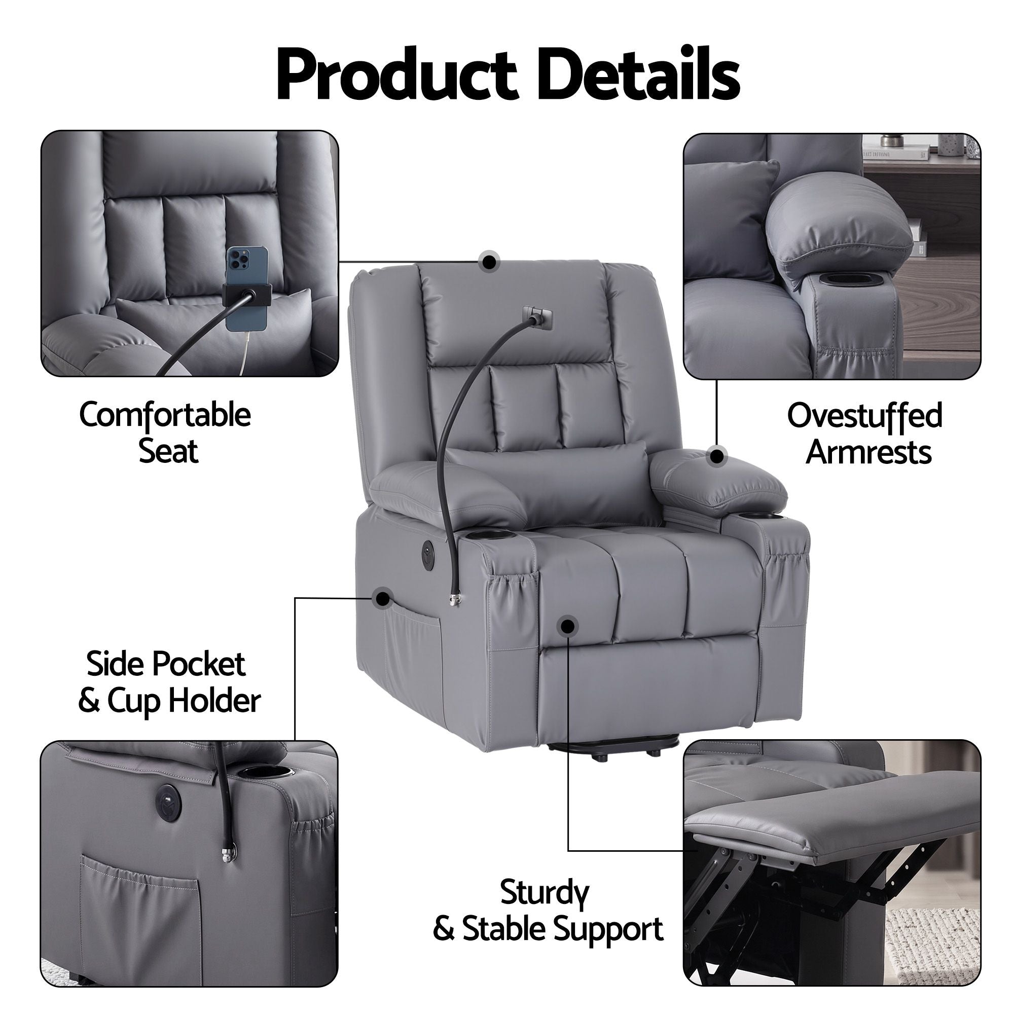 Power Lift Recliner Chair with Massage and Heat for Elderly, Electric Sofa Reclining Chair with USB and Phone Holder, PU Leather Comfy Armchair for Living Room, 2 Cup Holder & 4 Pockets, Grey