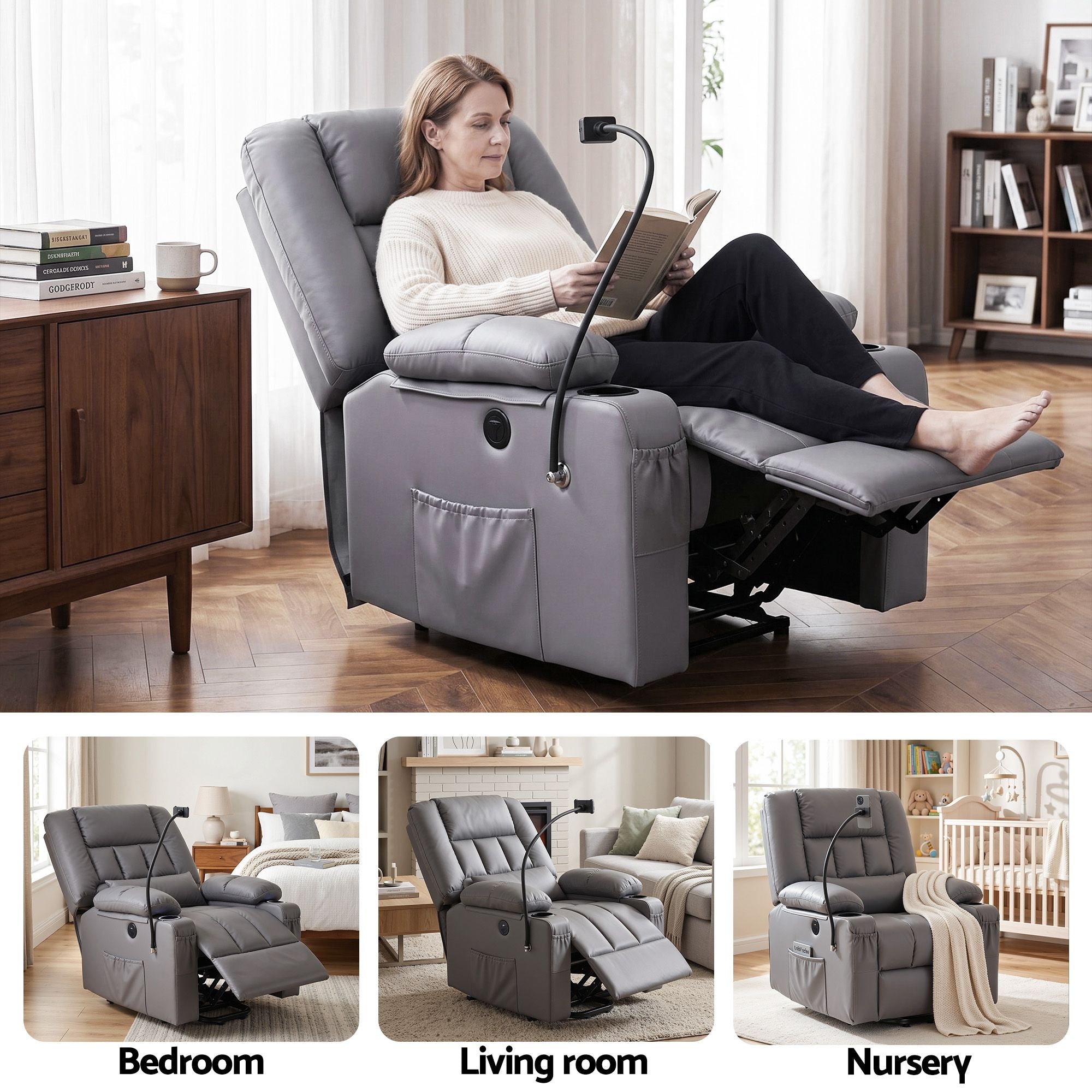 Power Lift Recliner Chair with Massage and Heat for Elderly, Electric Sofa Reclining Chair with USB and Phone Holder, PU Leather Comfy Armchair for Living Room, 2 Cup Holder & 4 Pockets, Grey