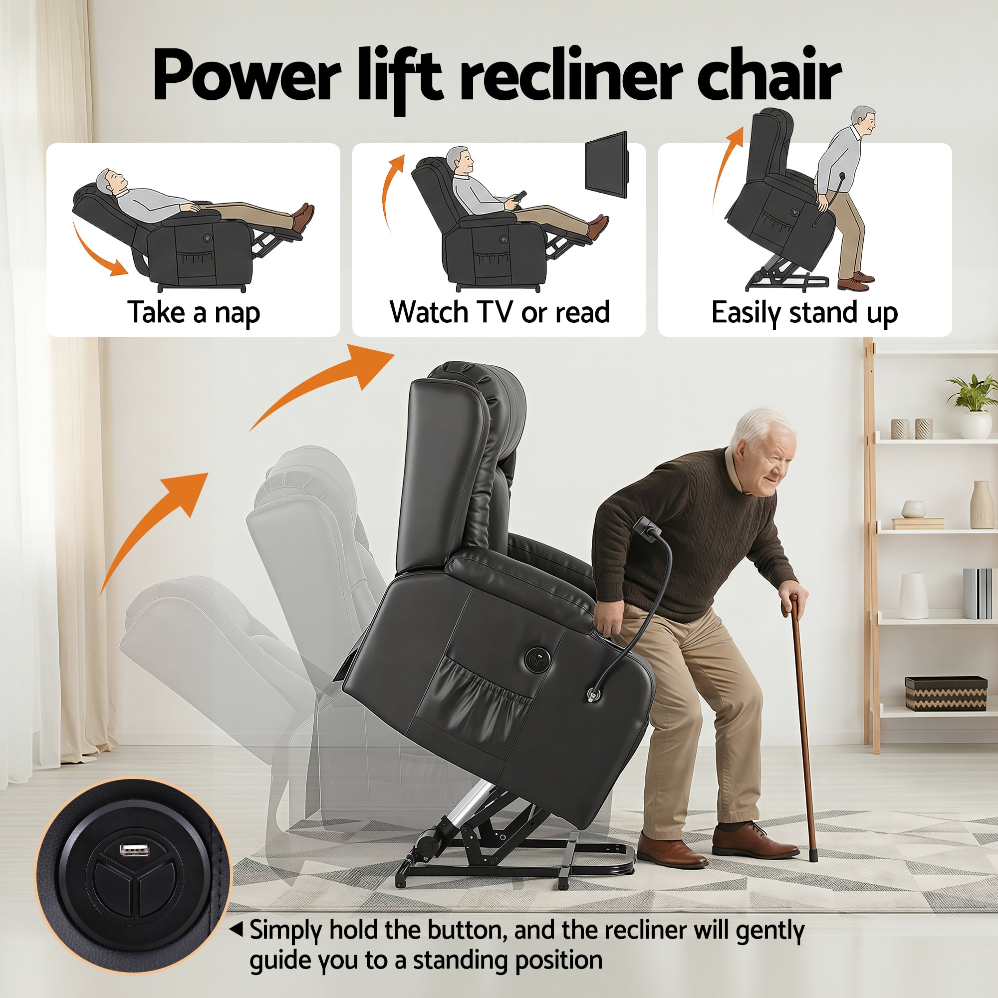 Power Lift Recliner Chair with Massage and Heat for Elderly, Electric Sofa Reclining Chair with USB and Phone Holder, PU Leather Comfy Armchair for Living Room, 2 Cup Holder & 4 Pockets, Black